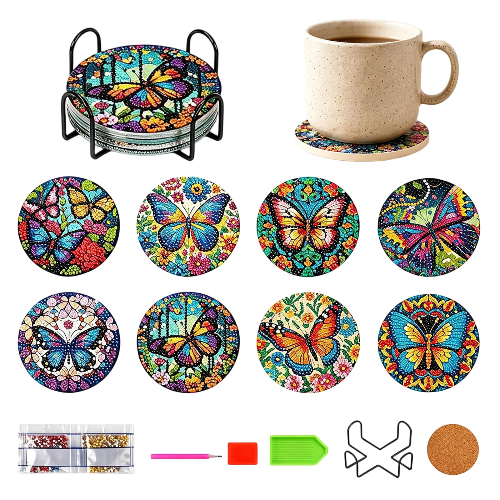 8-Piece Diamond Painting Coasters Kit, Round Butterfly Diamond Art Drink Coasters with Metal Holder and Cork Pads, DIY Craft Set for Tabletop Protection-picture-18