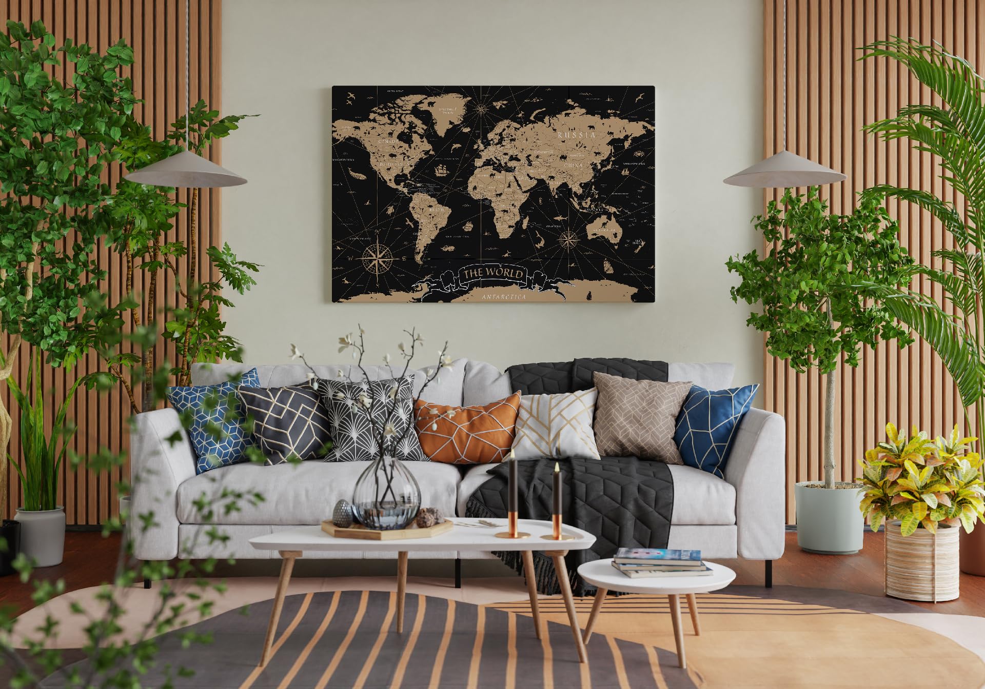 Wysokiej jakości mapa świata z płótna 120 x 80 cm – akustyczna tablica do przypinania – napis w języku angielskim