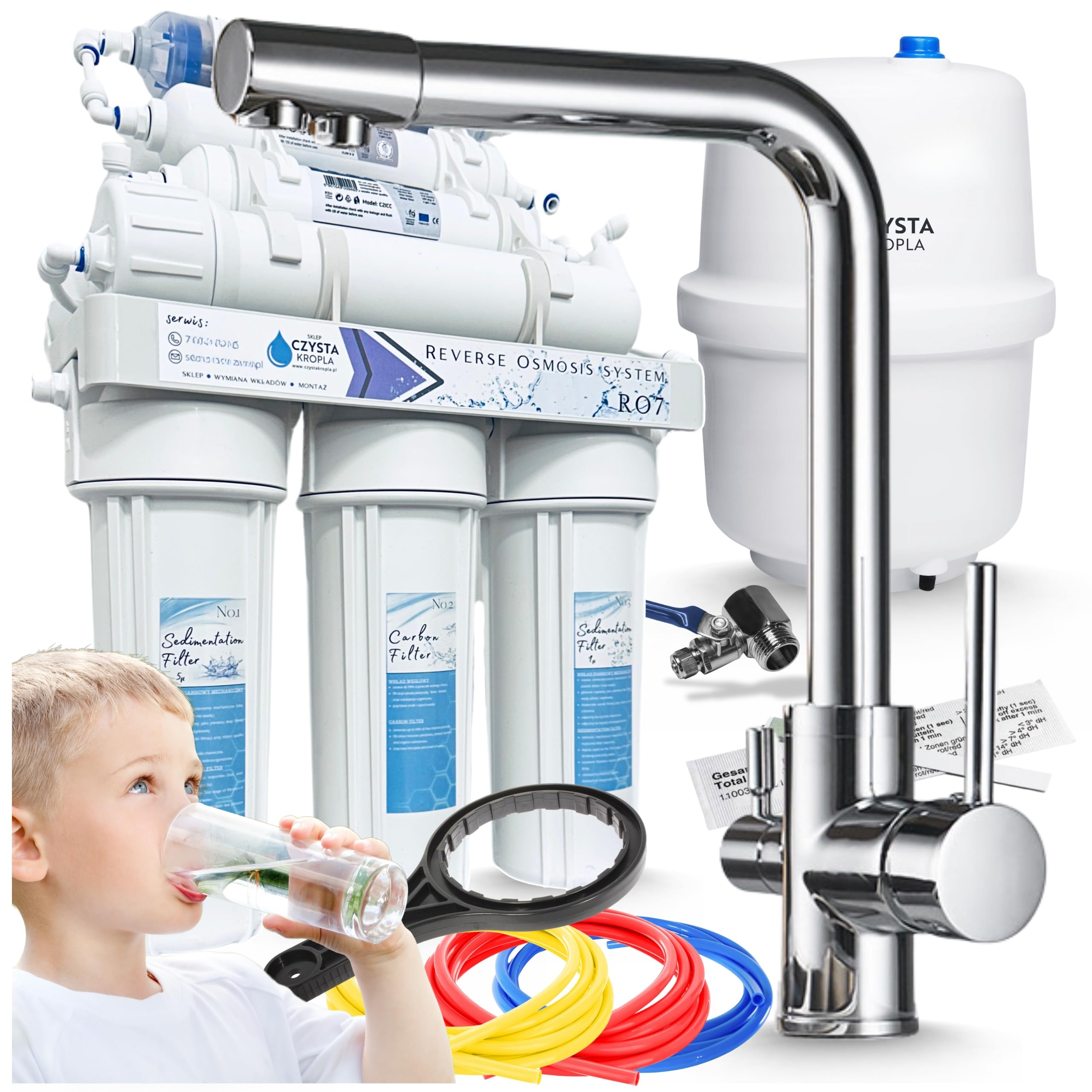 Ari 3-Wege Küchenarmatur Trinkwasser Wasserhahn Chrom Schwenkauslauf Venom im Set mit 7-Stufen Umkehrosmose Wasserfilter Trinkwasseranlage RO7