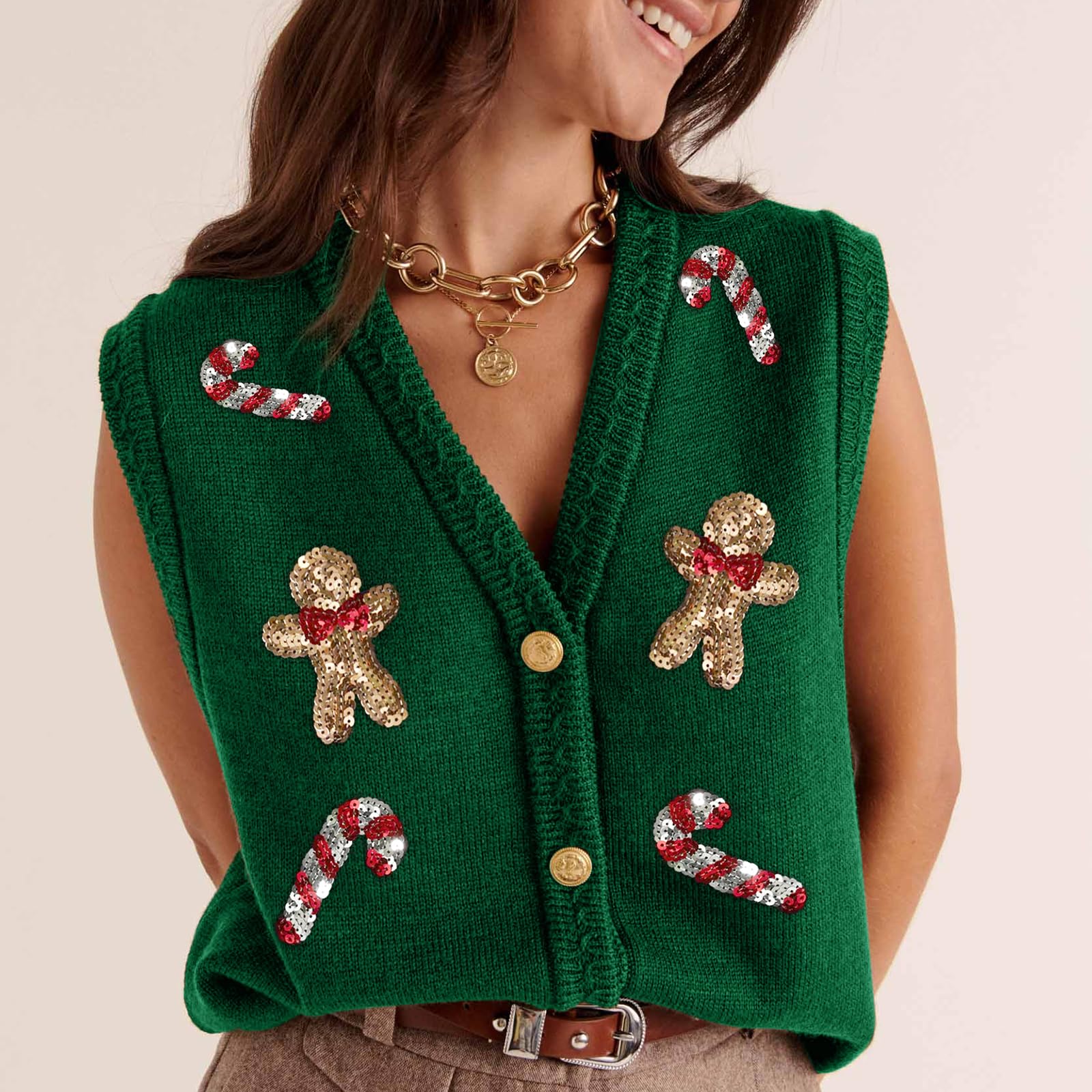 Pull de Noël moche pour femme - Imprimé Père Noël à paillettes - Sans manches - Bouton sur le devant - Cardigan en tricot