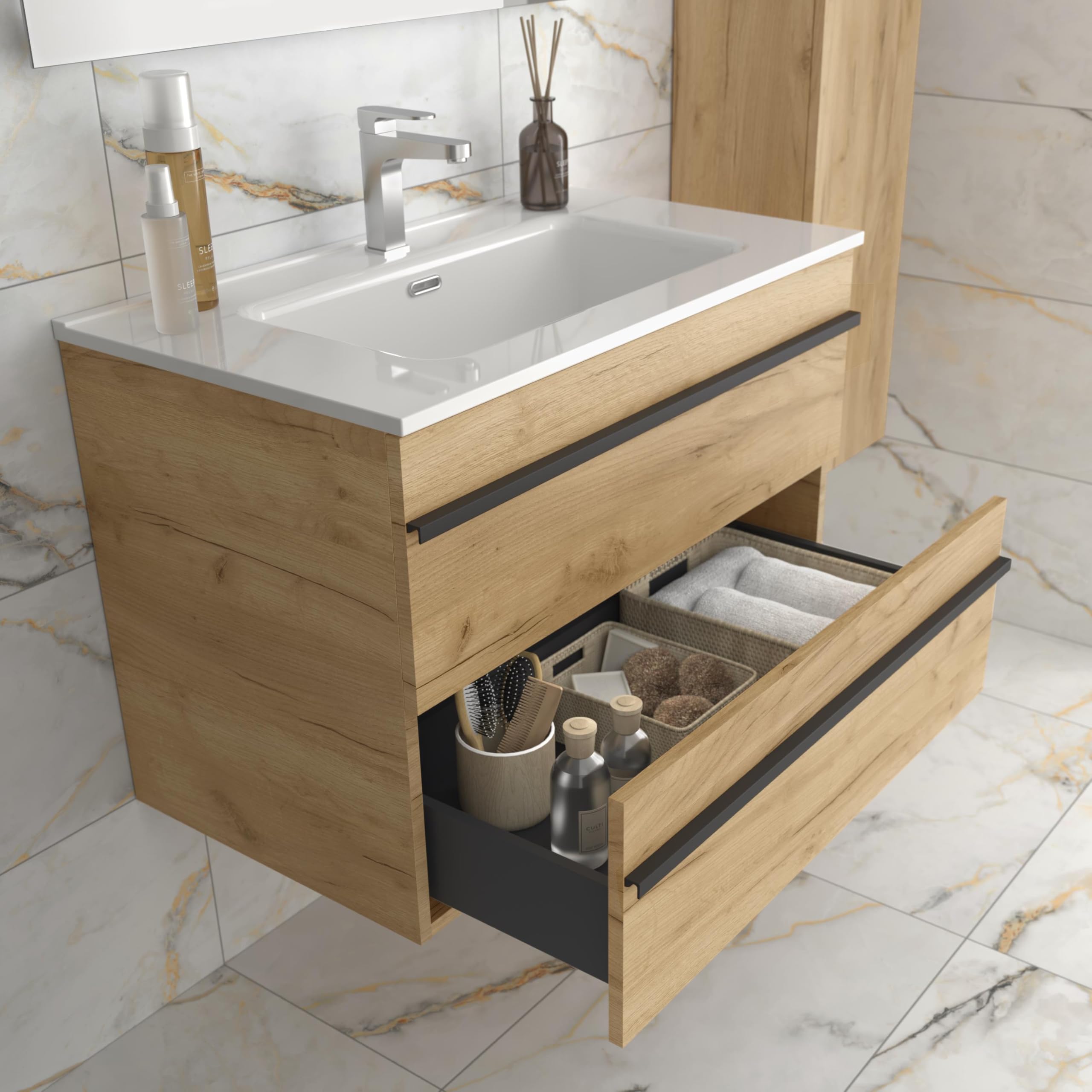 Salgar Mueble de baño Born 100 cm 100% montado de fábrica Acabado Roble suspendido 2 cajones Cierre amortiguado Apertura Tirador Perfil Lavabo Porcelana Blanca Marca, 97957