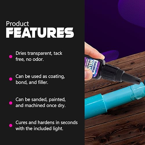 Miniatura 7 de Helios - Adhesivo de curado de luz  Super pegamento, kit de pegamento UV con luz, pegamento de unión, kit de reparación de plástico con luz UV para