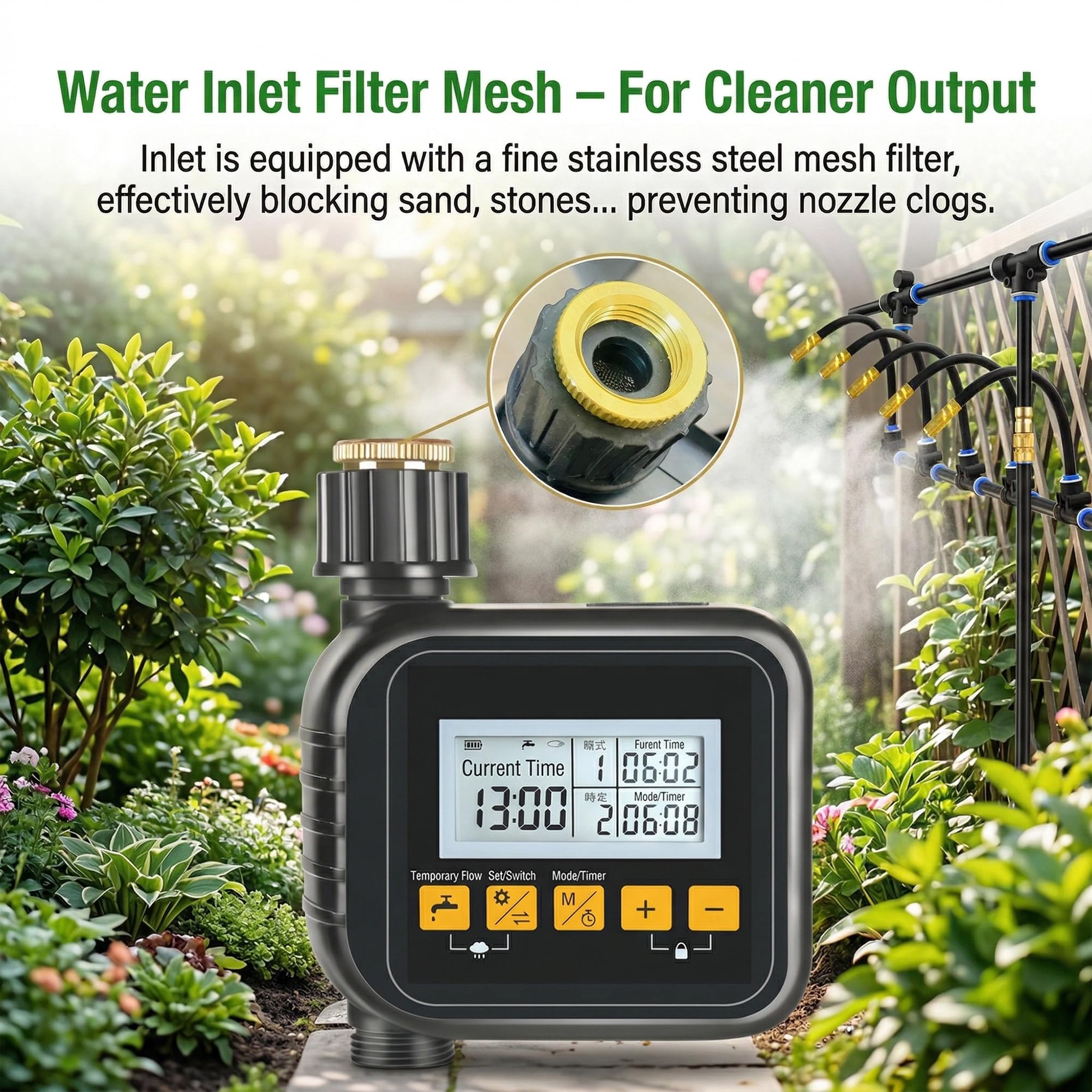 Wasser-Timer & Schlauch-Timer, Gartenbewässerung, Bewässerungssystem für Balkon- und Hof-Pflanzen — Automatischer Pflanzenbewässerer mit Timer 15m + 15 Orange Cooling Spray Nozzles