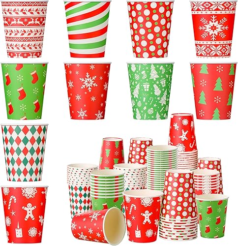 Umigy 100 vasos de papel de Navidad desechables a granel, 9 onzas, chocolate caliente, café, árbol de Navidad, copos de nieve, vasos a cuadros para