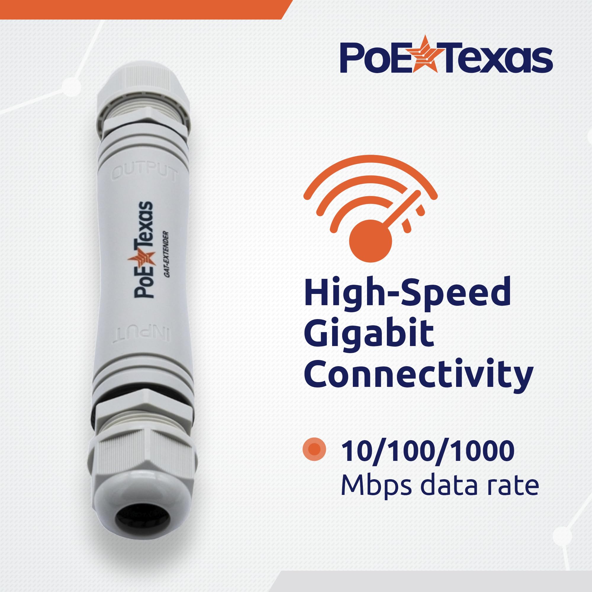 PoE Texas Répéteur PoE extérieur – Extension étanche IP67 Plug & Play Étend 22 watts de puissance et de données Gigabit jusqu'à 100 m aux appareils haute puissance – Compatible avec commutateur ou