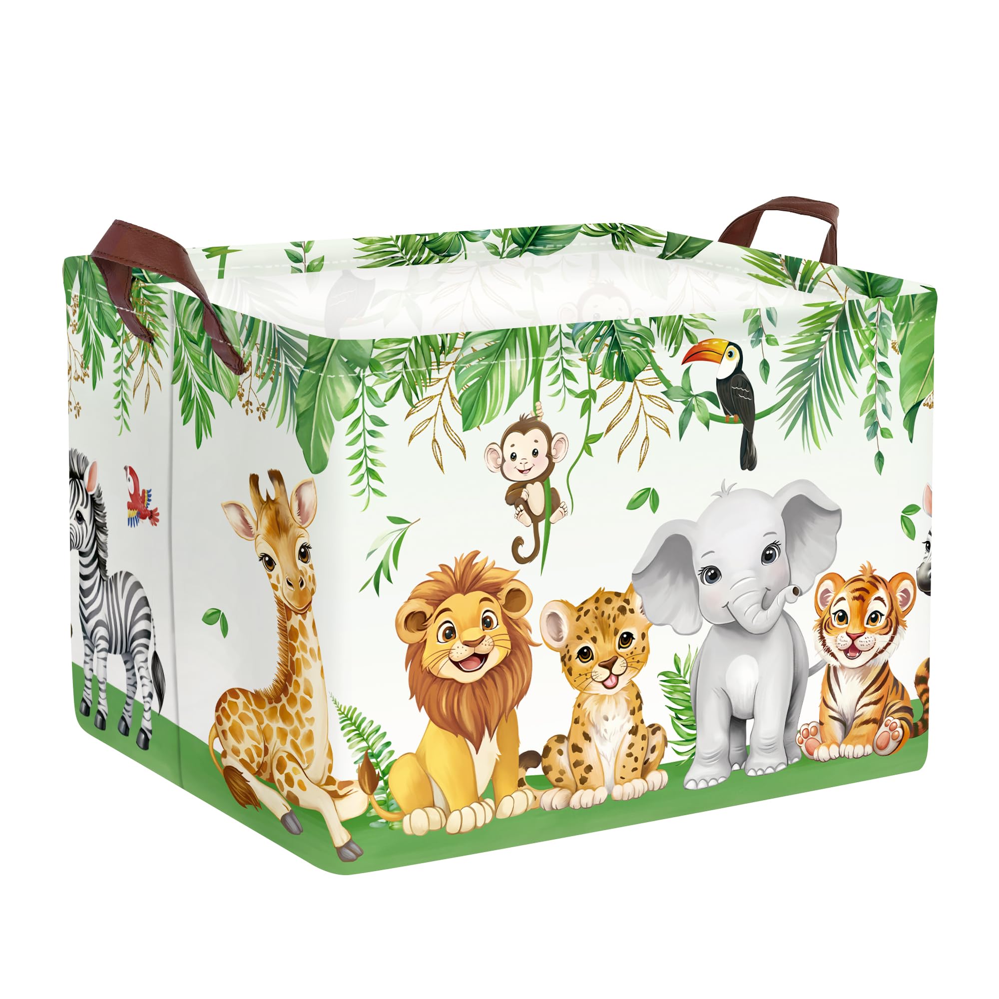 Clastyle Forest Animal Baby Laundry Hamper Collapsible Leaf Clothes Kids Storage Basket Waterproof Boys Girls Toy Box for Nursery Room, Elephant Lion Giraffe, 40x30x30 cm — image 1
