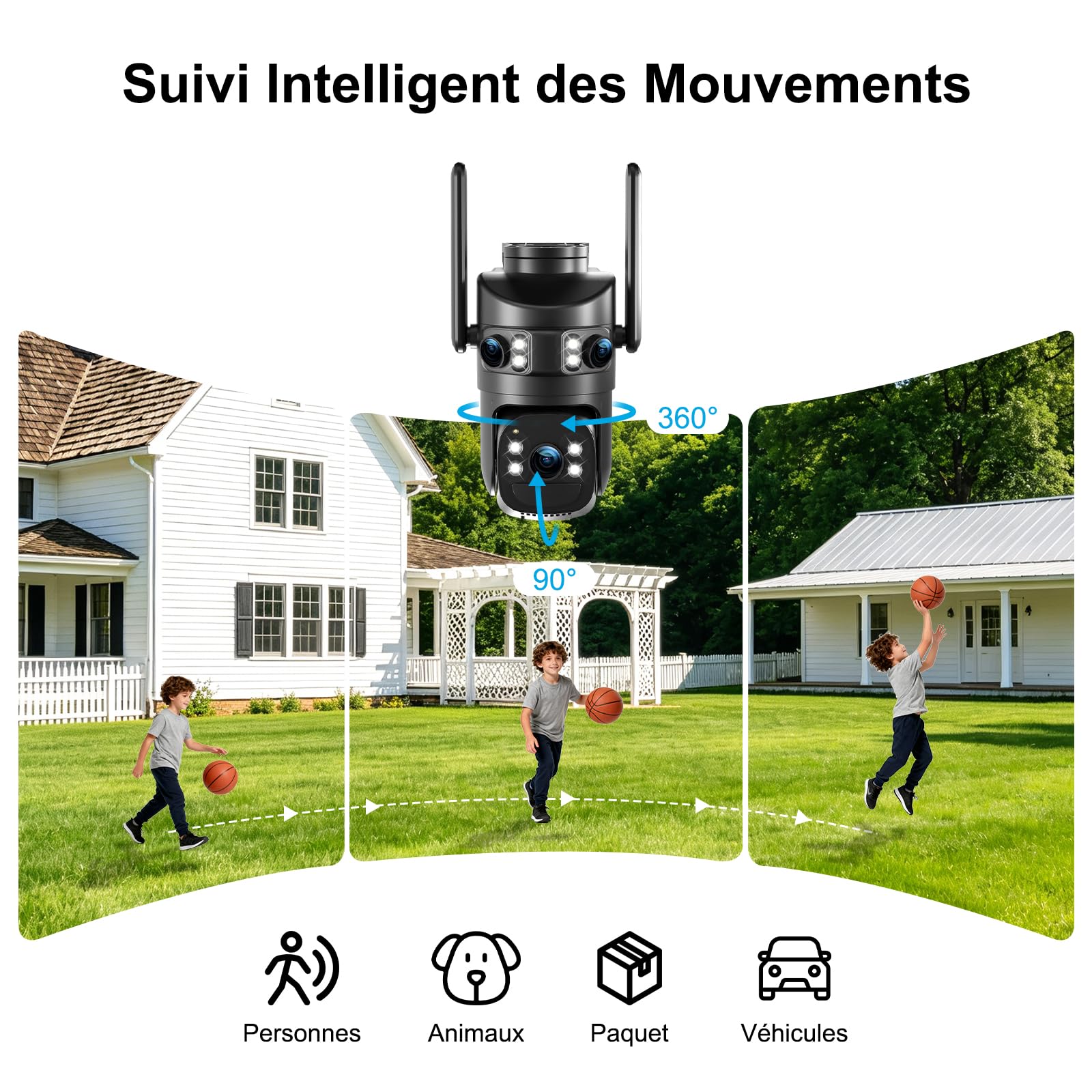 4K Caméra de Surveillance WiFi Extérieure,Triple Objectif Camera Extérieur | 360° PTZ Sécurité à Domicile,Suivi Automatique,Vision Nocturne Couleur,Audio Bidirectionnel,IP66