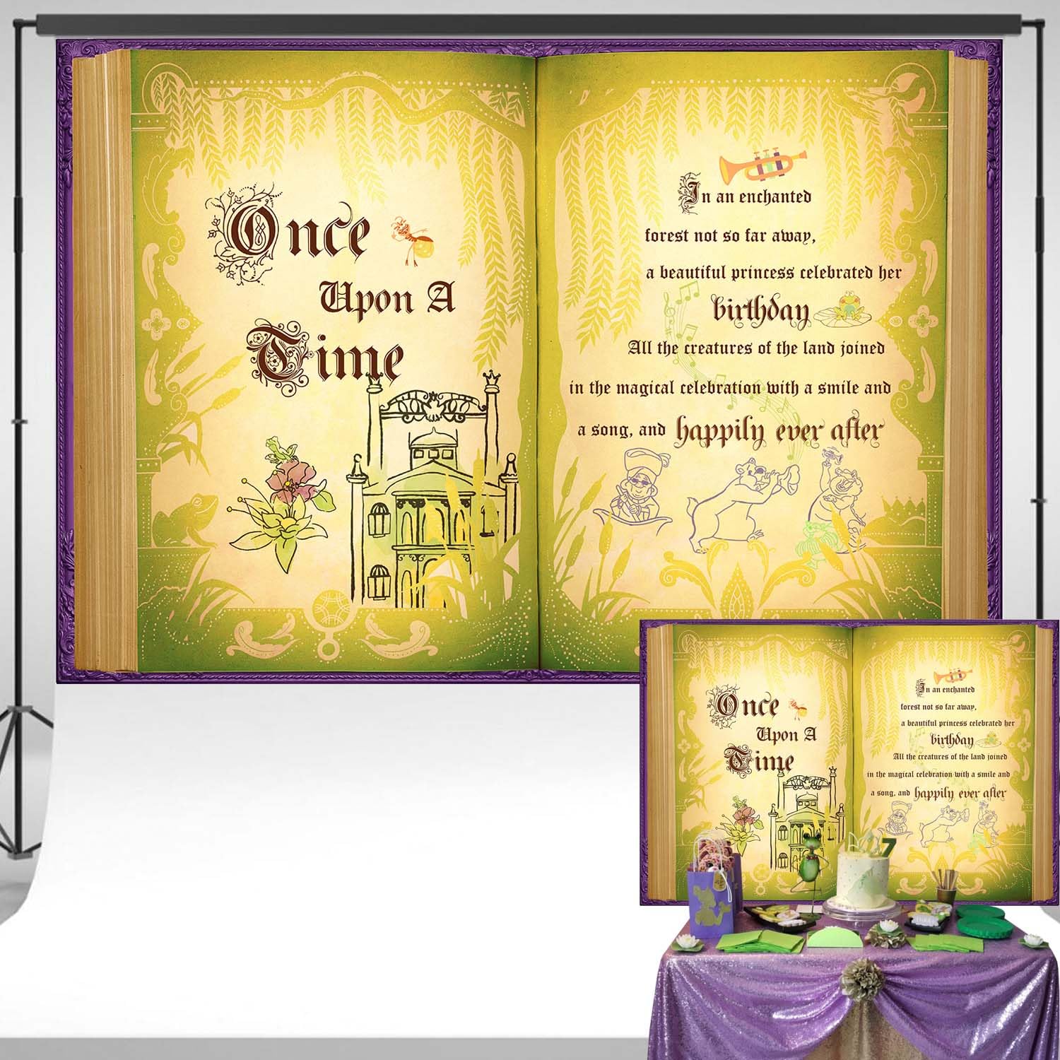Once Upon a Time Princess Backdrop Green and Purple Giant Open Book Background Fairy Tale Frog Castle Party Decorations Banner 7x5 ft 8