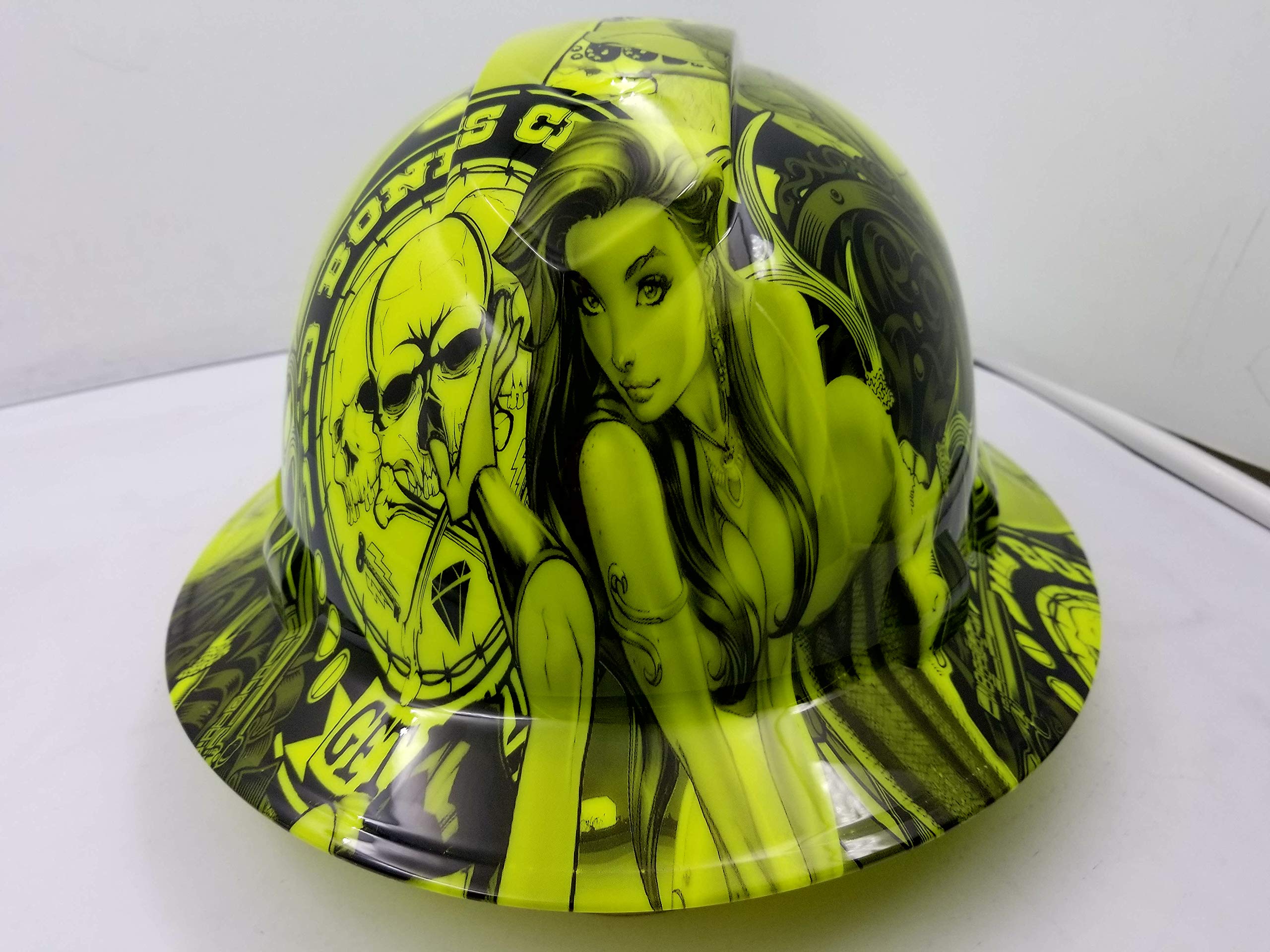 Wet Works Imaging Customized Pyramex Full Brim Green Bad Bones Hard Hat with Ratcheting Suspension
