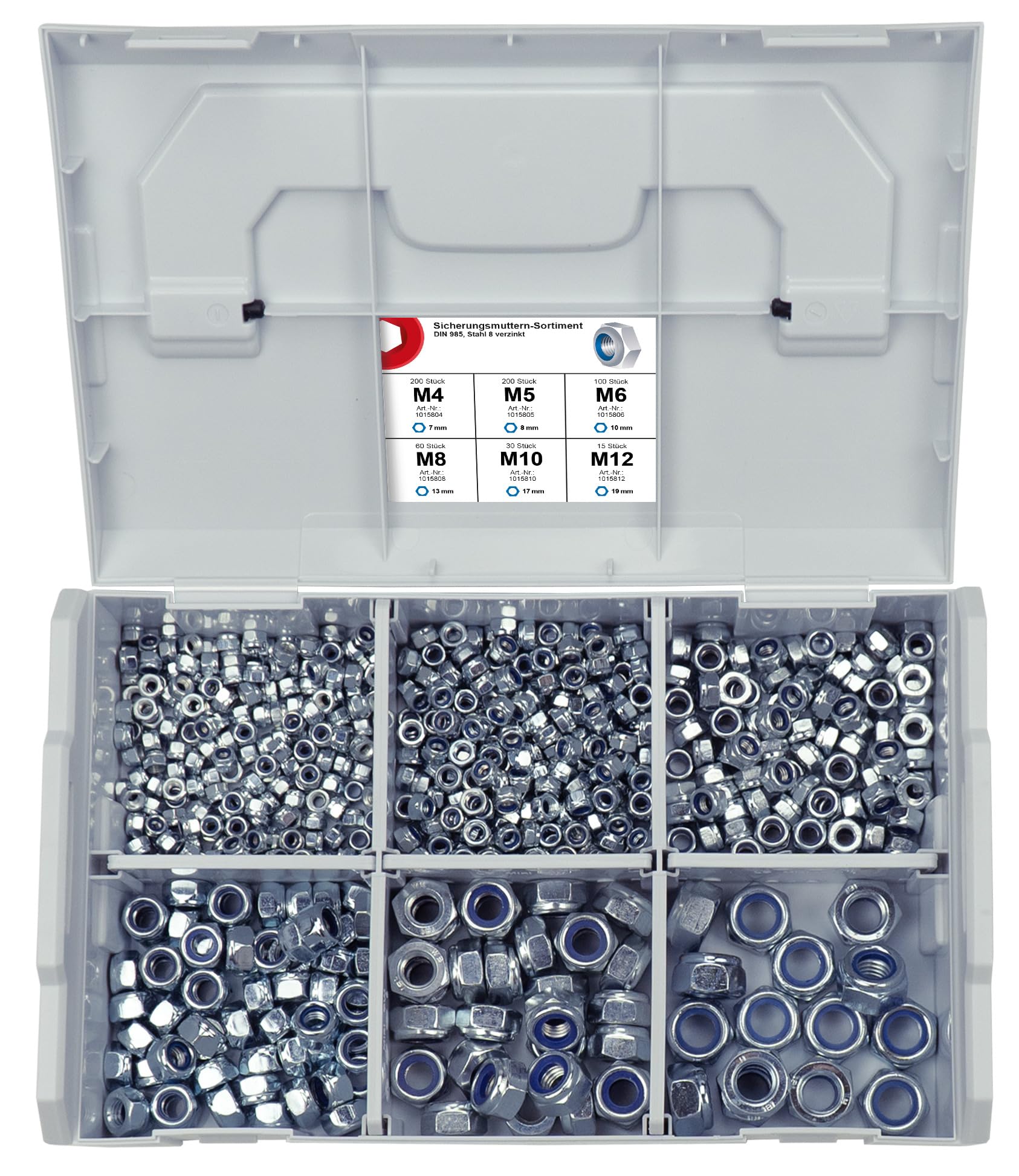FRANTOS L-BOXX Mini DIN 985 Sicherungsmuttern Sortiment, M4 bis M12 605 tlg. (Stahl verzinkt) - selbstsicherende Sechskant Muttern Stoppmuttern Set