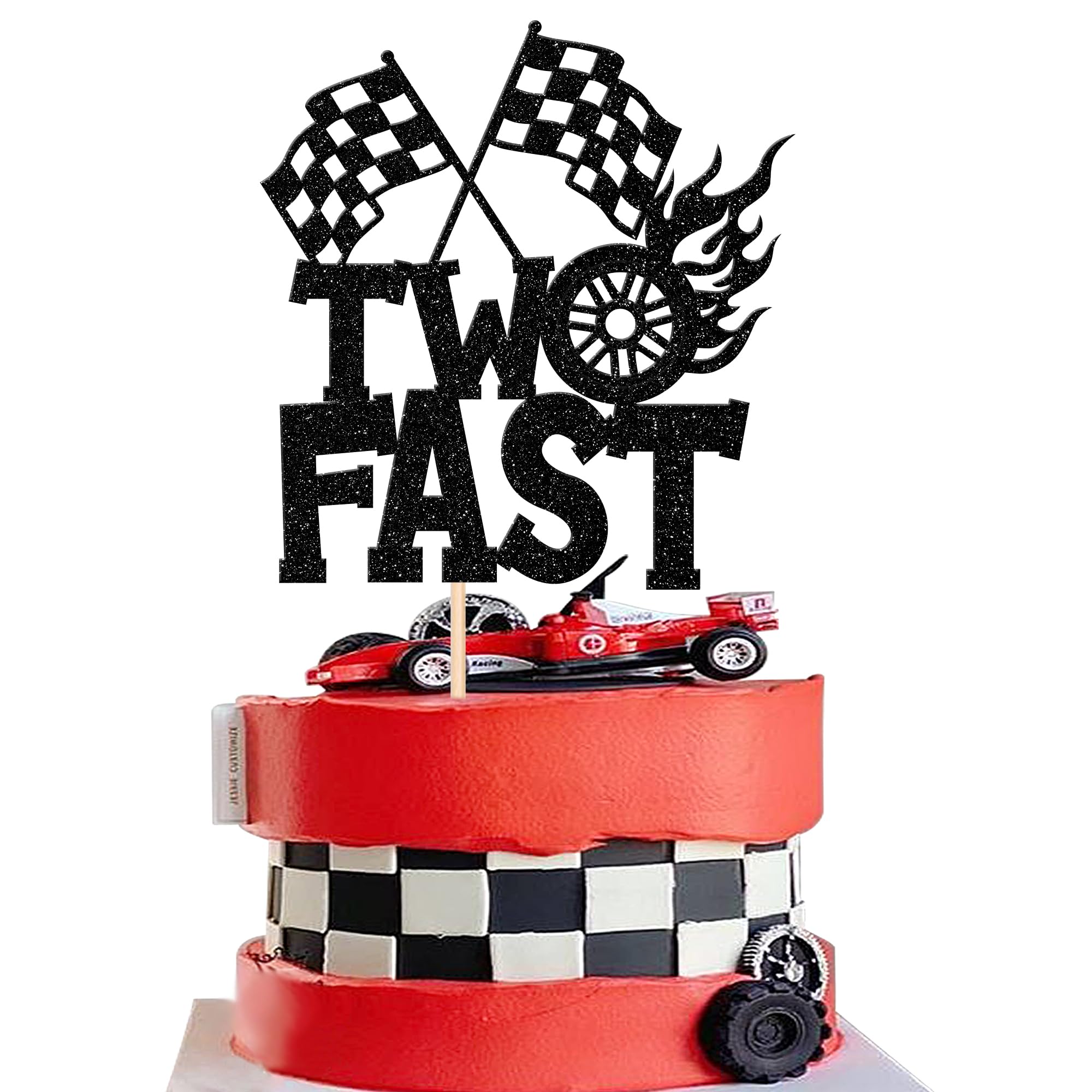1 PCS Two Fast Cake Topper Black Glitter Chequered Flag Wheel Racing Car Cake Pick Happy 2nd Birthday Cake Decorations for Let's Go Racing Them Kids Boys Girls Second Birthday Party Supplies