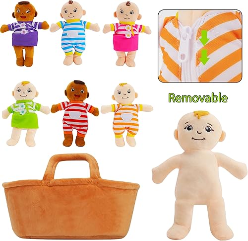 Miniatura 3 de Cesta de muñecas de felpa para bebés, muñecas de peluche de 8 pulgadas, juego de 6 piezas intercambiables para ropa intercambiable, figuras de felpa