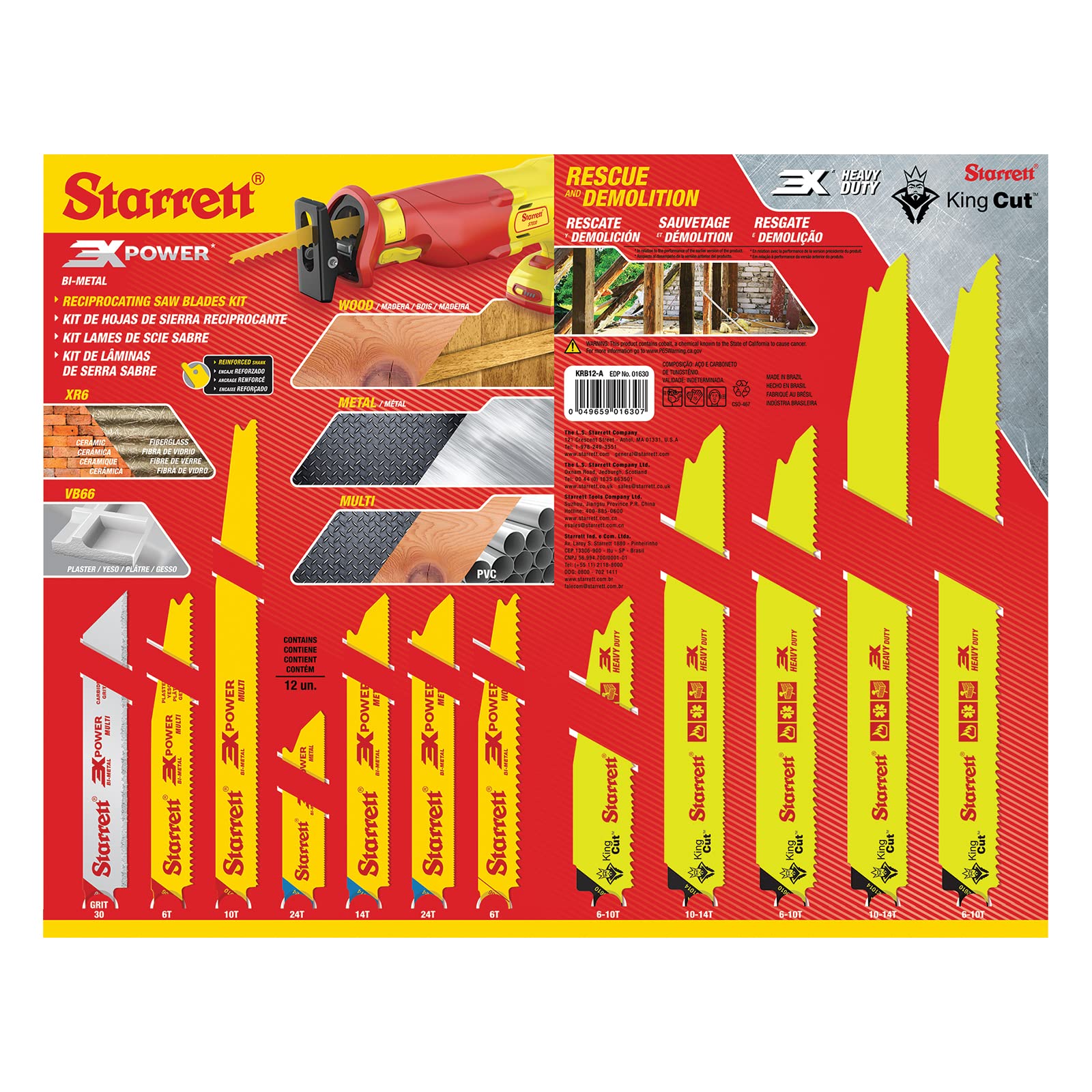 Starrett Bimetal i węglik ziarnistości zestaw brzeszczotów szablastych - KRB12-A - drewno, metal, wielofunkcyjne i wytrzymałe cięcie (12 ostrz)