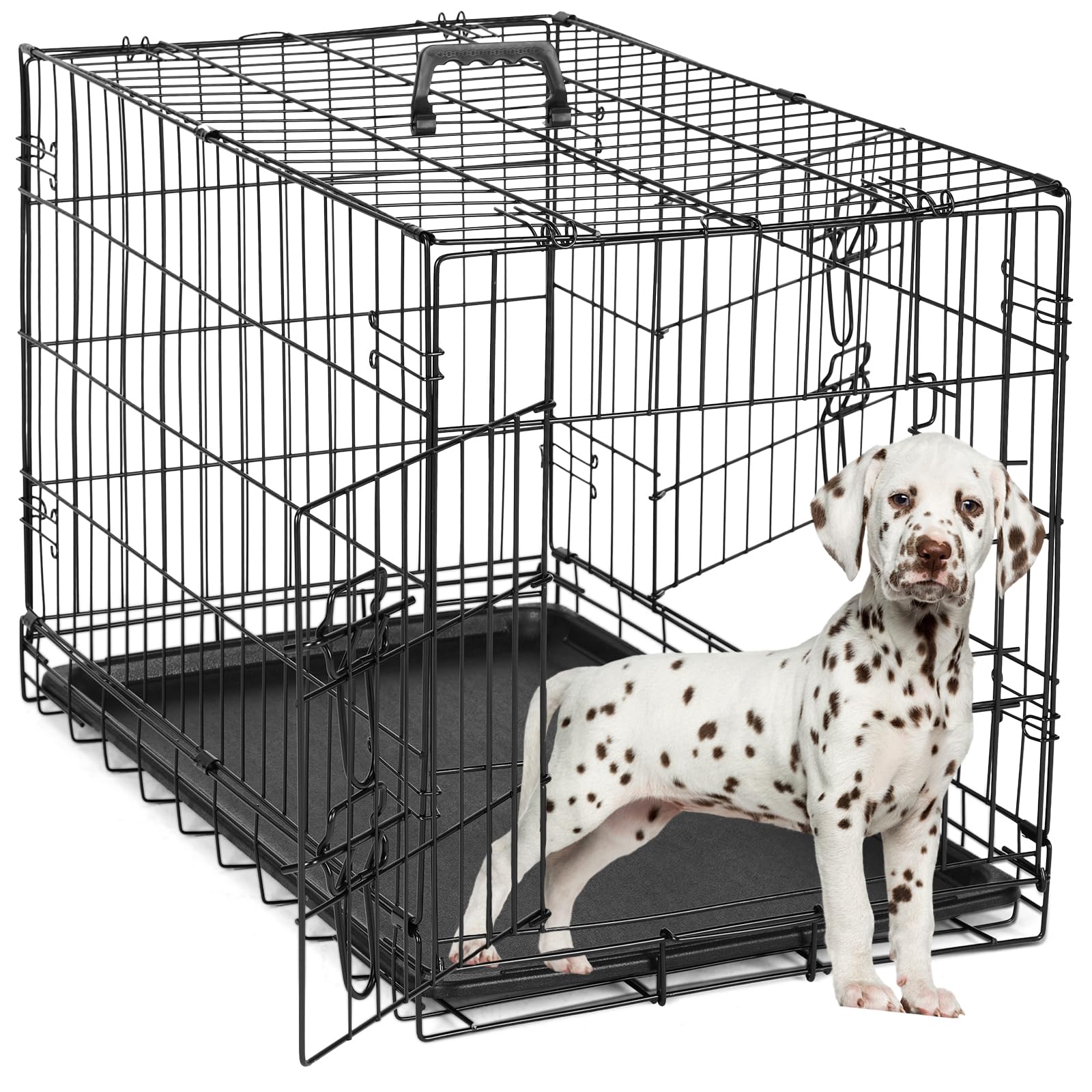 Crate for Dogs Double Doors,Small Foldable Pet Cage Enhanced Wire Metal Kennel with Divider Panel & Removable Tray,Portable Handle Move to Indoor/Outdoor,30.3 x 17.9 x 19.4 Inch Black