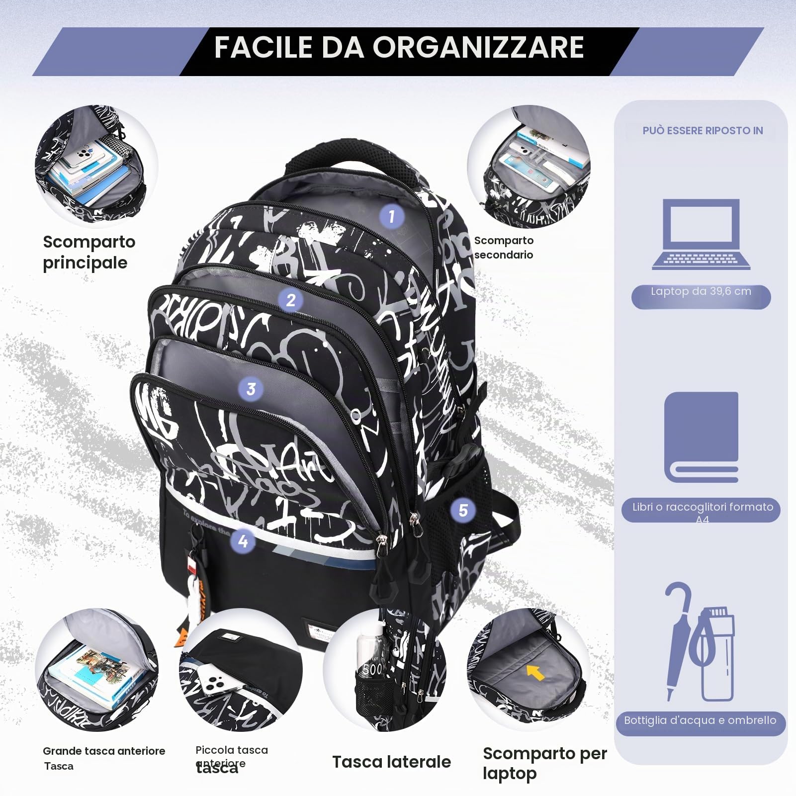 Amythe Zaino Scuola Superiore e Media per Ragazzi Grande Leggero Moda | 32L Zaini Casual Uomo Pc 16", Borsa Scuola Adolescenti, Nero Idrorepellente Pettorina, Adatto al Trolley, Ritorno / Viaggio