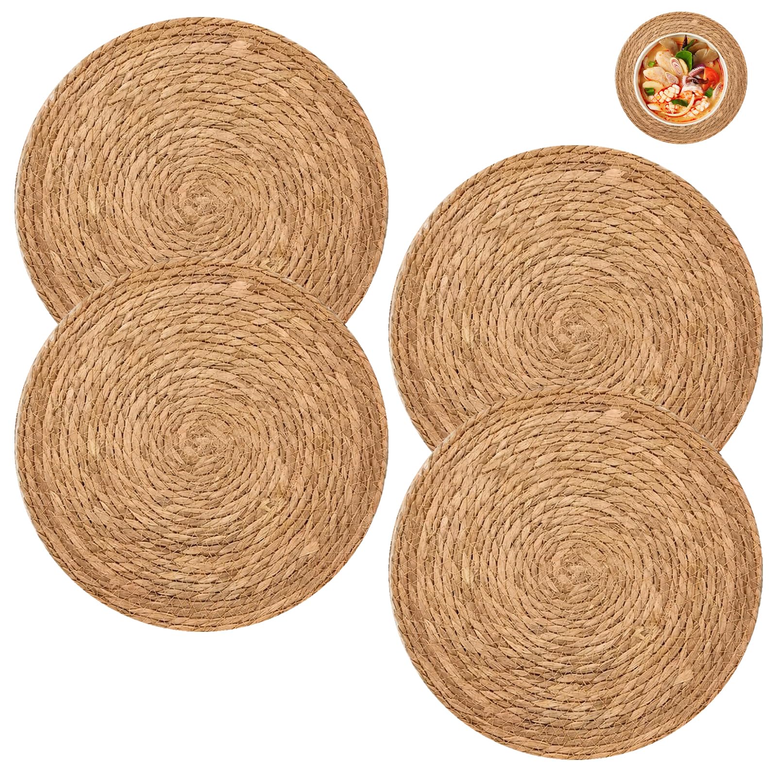 4 Pcs Round Woven Placemats,20cm Natural Handwoven Wicker Table Mats