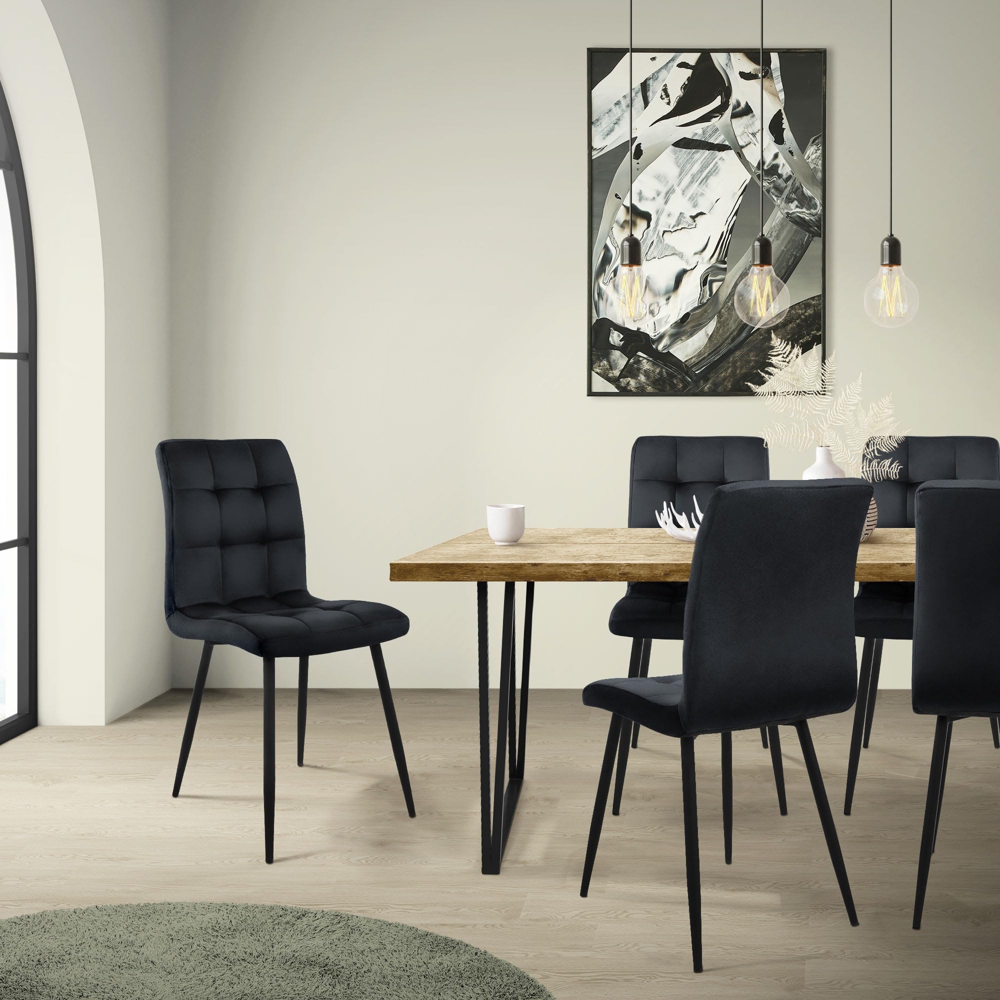 ML-Design Set de 4X Sillas de Comedor con Respaldo Asiento Ergonómico Acolchado Tapizado de Terciopelo Negro con Patas de Metal Sillón de Diseño Moderno para Mesa de Salón, Escritorio o Cocina