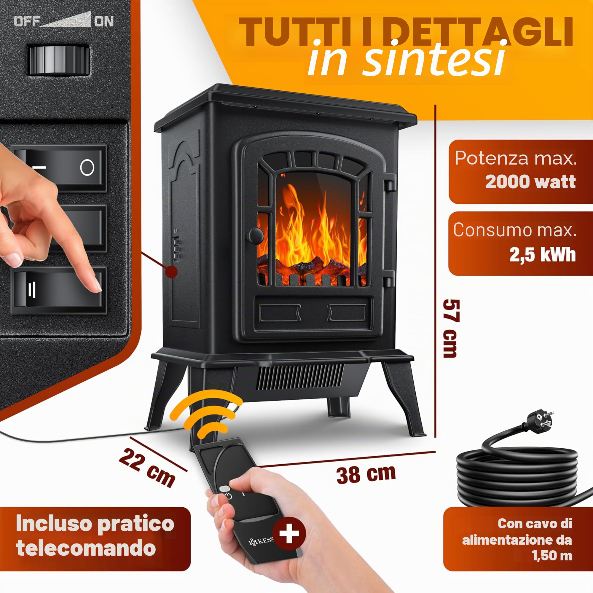 KESSER® Camino elettrico con termoventilatore da 2000W - caminetto elettrico - riscaldamento - effetto fuoco a LED - stufa effetto fiamma - termocamino silenzioso e regolabile, Nero