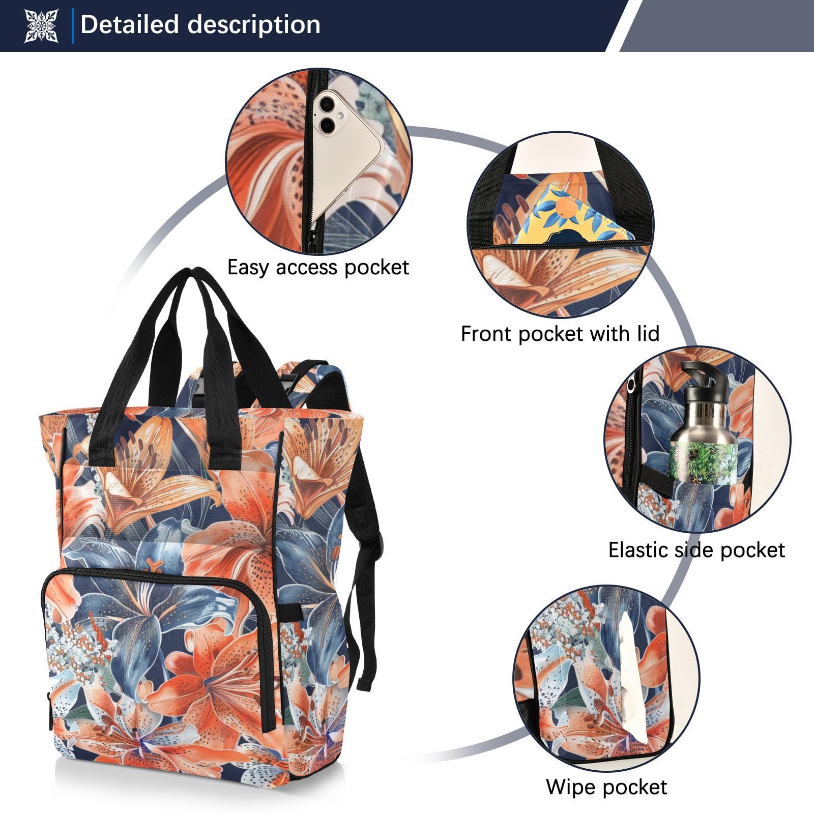 Duże torby na pieluchy unisex do podróży styl boho kwiat kwiatowy