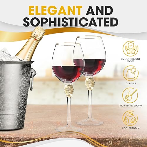 Miniatura 2 de Juego de 2 copas de vino de alta calidad, copa de vino de tallo largo con borde dorado y diseño de diamantes de imitación, 18 onzas