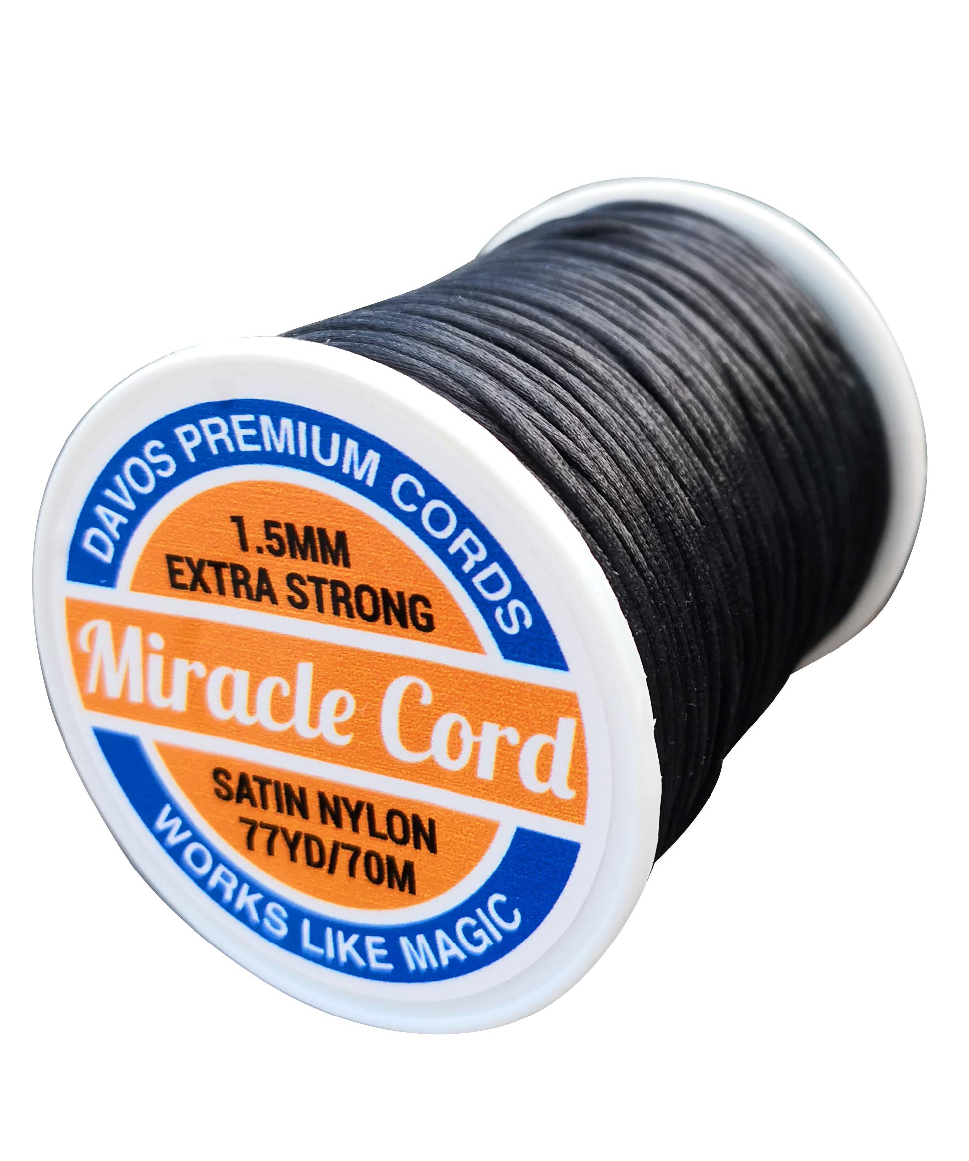 Miracle Cord1.5mm Satin Nylon Jewellery Making String Bracelets Beading Braided Soft Shiny Silky Sewing Thread Rattail Macrame (Black, 140 metres)