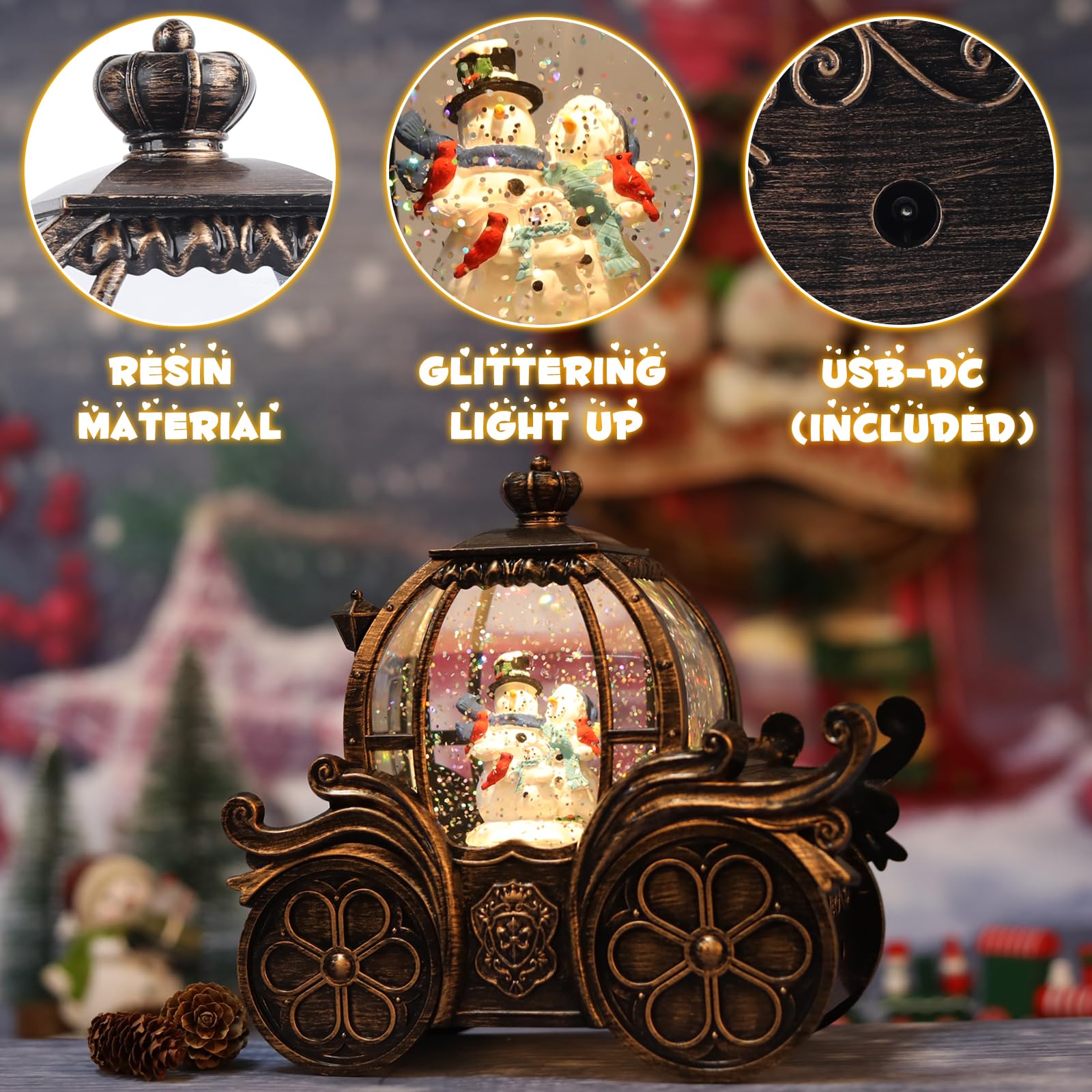 Lanterne boule à neige de Noël - Bonhomme de neige dans train musical LED scintillante - Fonctionne avec piles et USB - Boîte à musique pour décoration de Noël et décorations de cadeaux