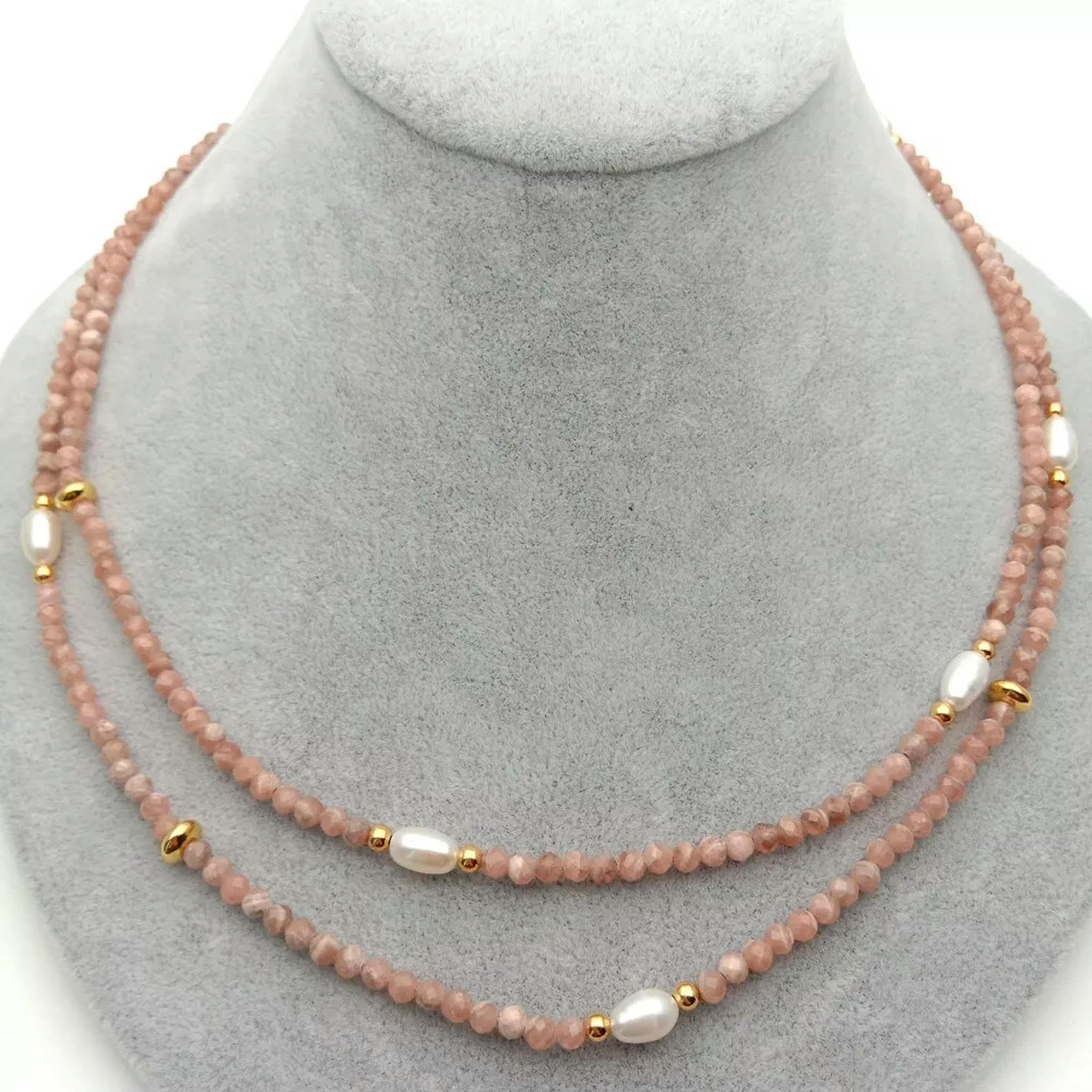 Collana di Perle di Riso Bianco coltivate con rodocrosite Rosa sfaccettata Naturale
