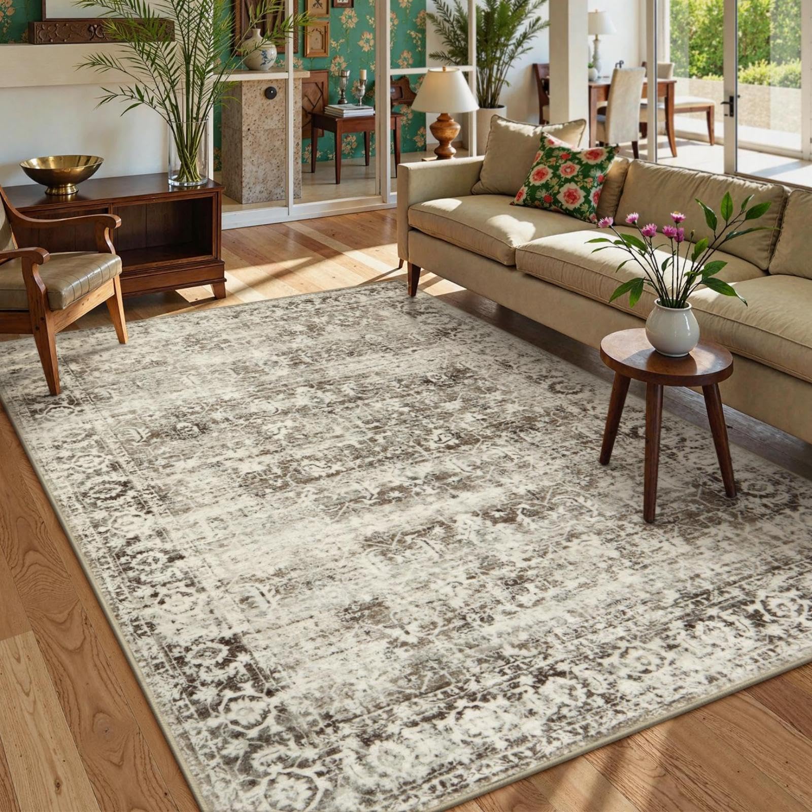 Lahome Washable Rugs 5x7 Boho Living Room Area Rug,Soft Throw Bedroom Area Rug,Retro Distressed Non-Slip Low-Pile Accent Rug Indoor Carpet for Entryway Office Home Decor(5 x 7,Beige)