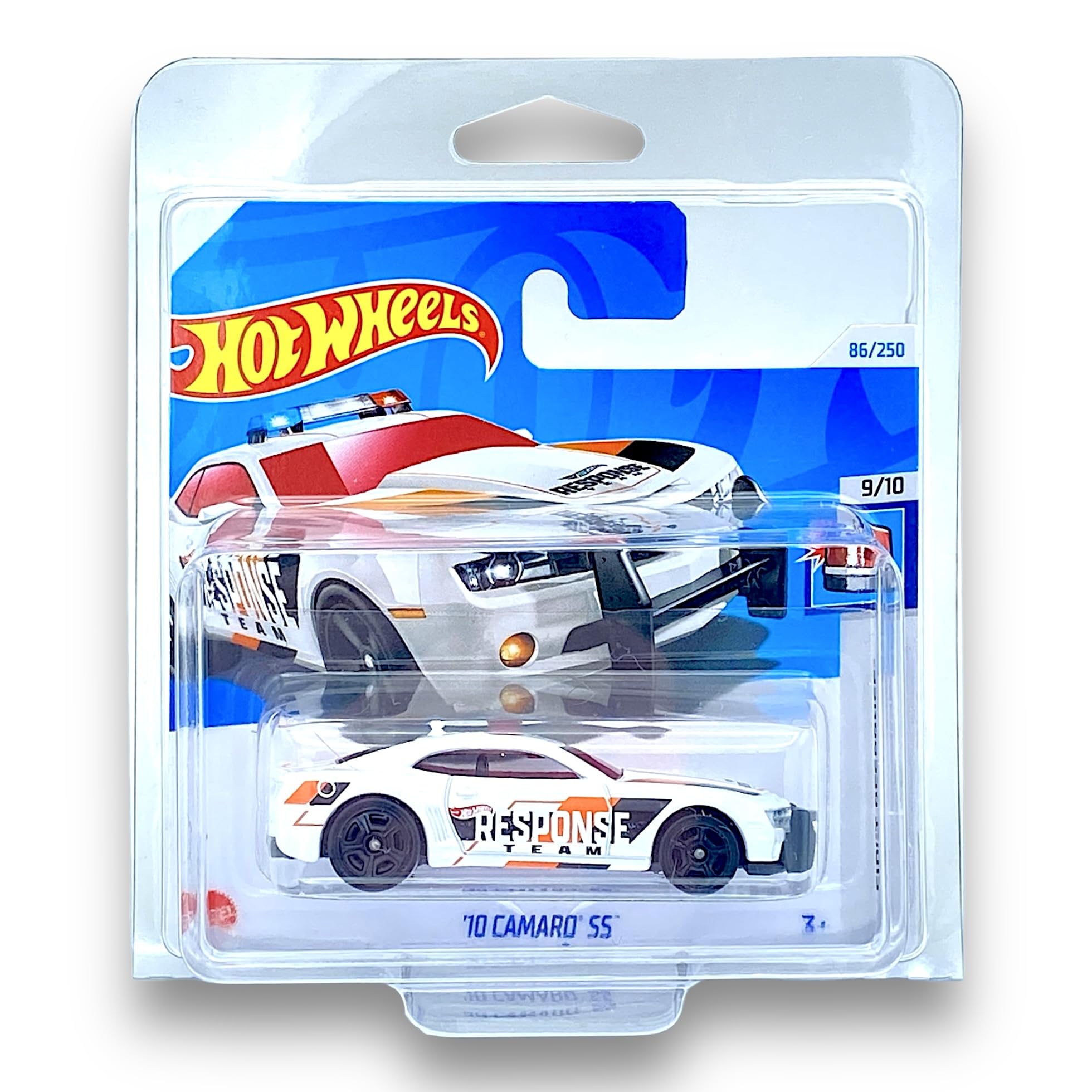Hot Wheels '10 Camaro SS (White, Black & Orange) 9/10 HW First Response - 2024-86/250 (Short Card) - COMES IN A GENUINE KLAS CAR KEEPER PROTECTOR CASE - HTC88