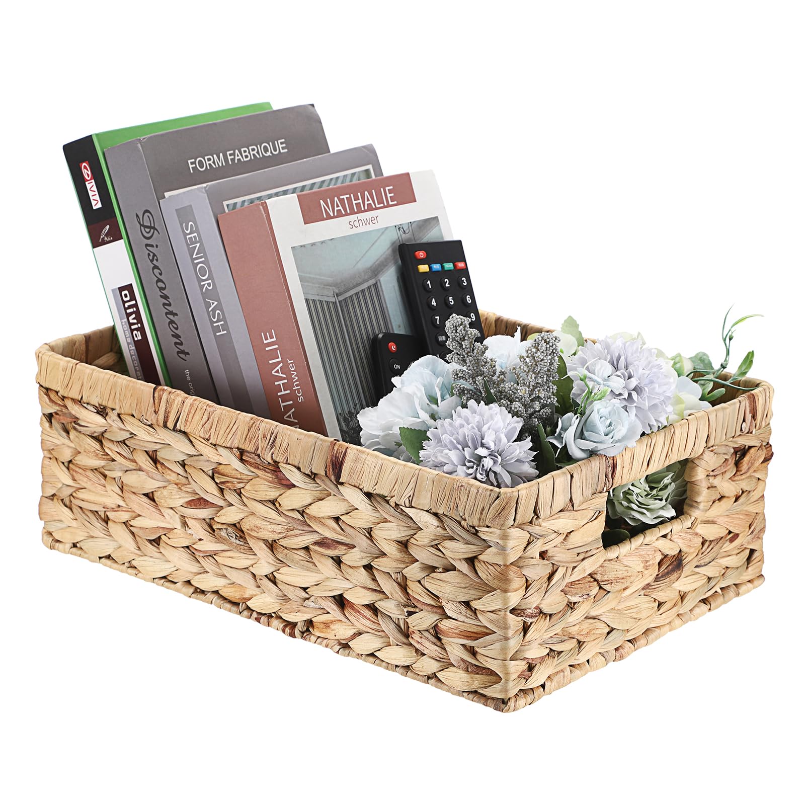 OGANAZI Natural Water Hyacinth Storage Baskets with Handles, Woven Wicker Rectangular Baskets for Organizing, Brown, 38 * 26 * 13cm