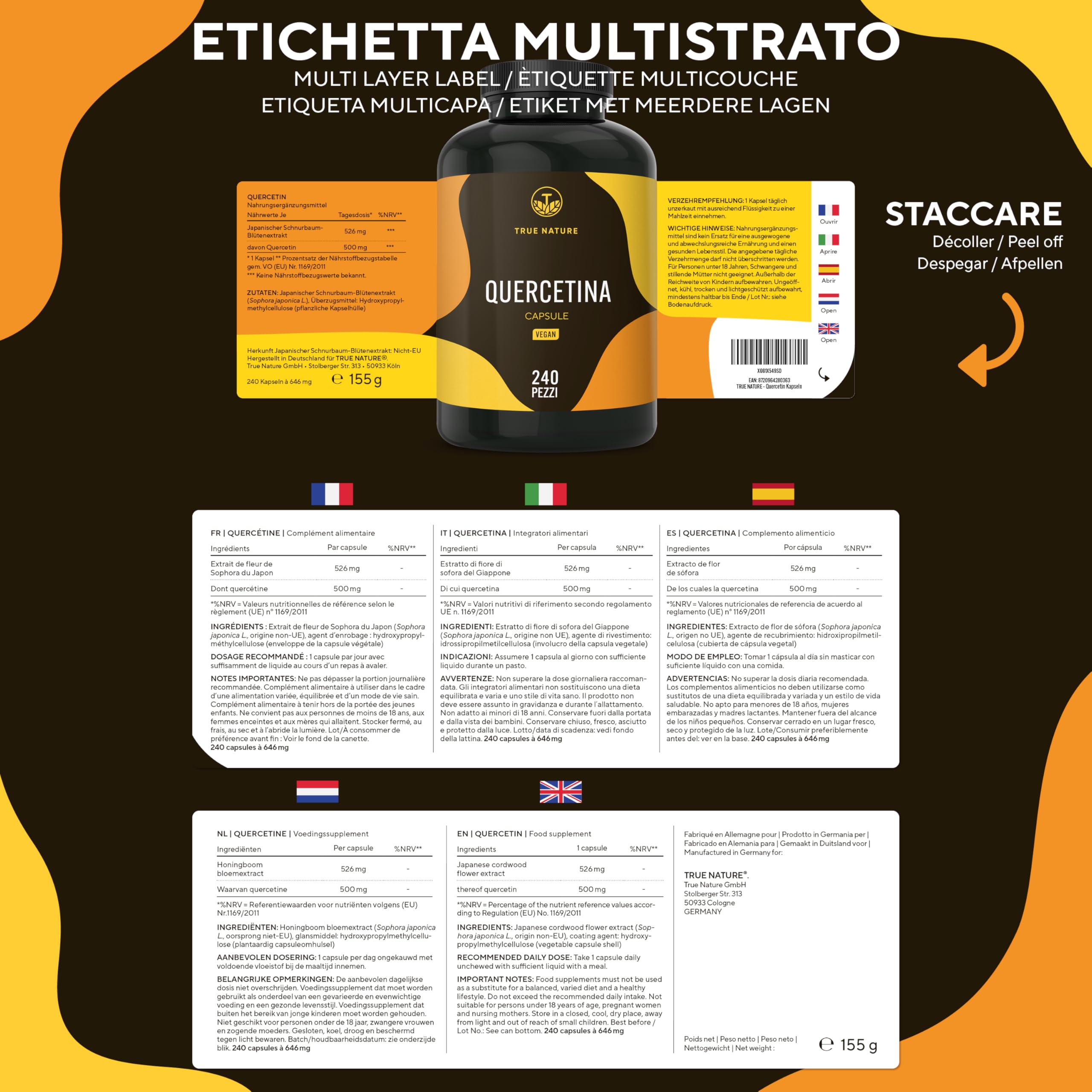 Quercetina 500mg pura - 240 Capsule - Vegan - Produzione tedesca - Materia prima premium: estratto di fiori di Sophora japonica - Testato in laboratorio, altamente dosato - TRUE NATURE®