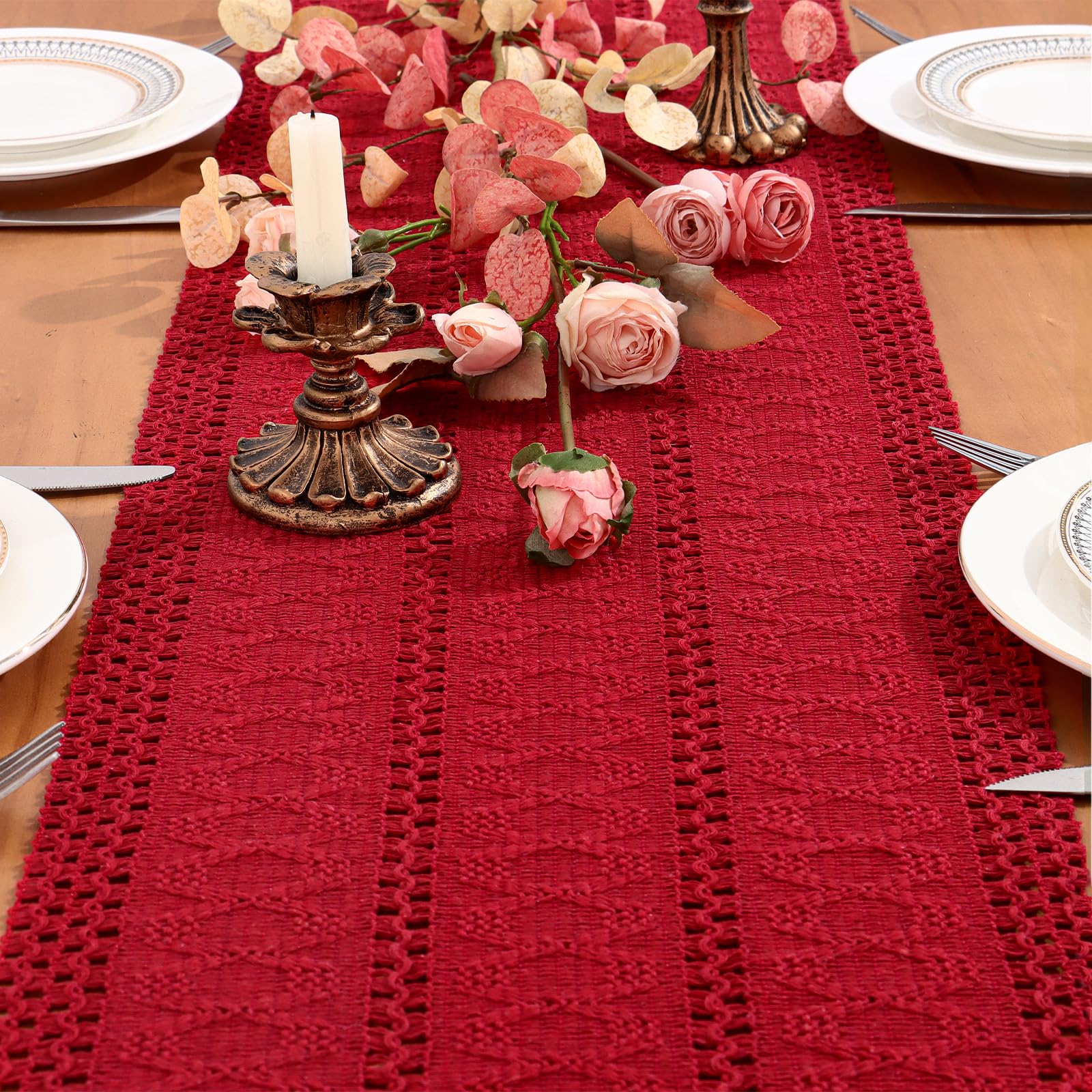 Dremisland Table Runner Macrame Farmhouse 72 Inch Boho Table Runner Red Woven Cotton Table Cover Rustic Dresser Scarf Table Decoration for Dining Kitchen Table Party Birthday Decor — image 1