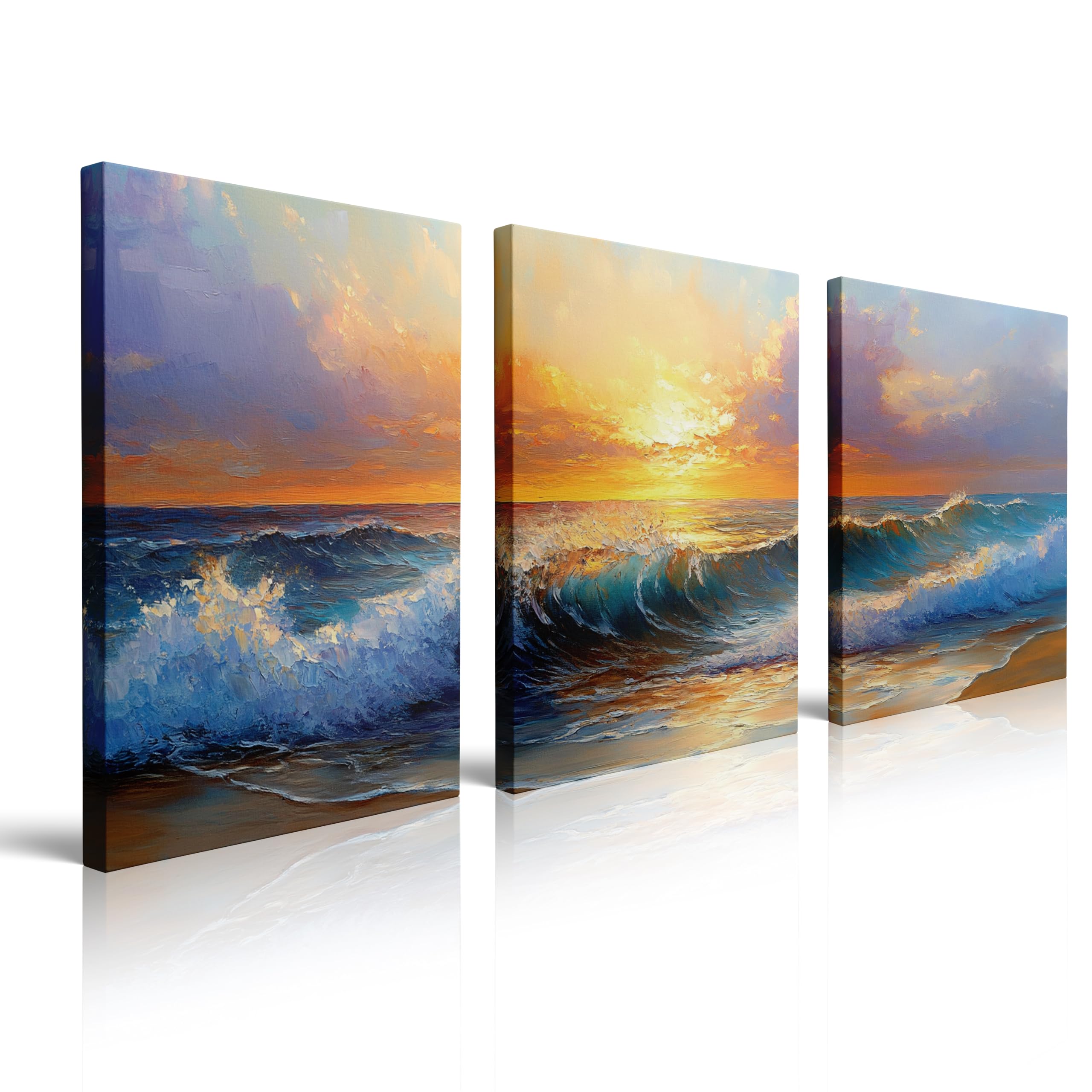 LMYSXAOZ 3Pcs Unframed Ocean Sunset Beach Canvas Wall Art Seascape Painting Coastal Wave Decor Room And Home 08x12inch