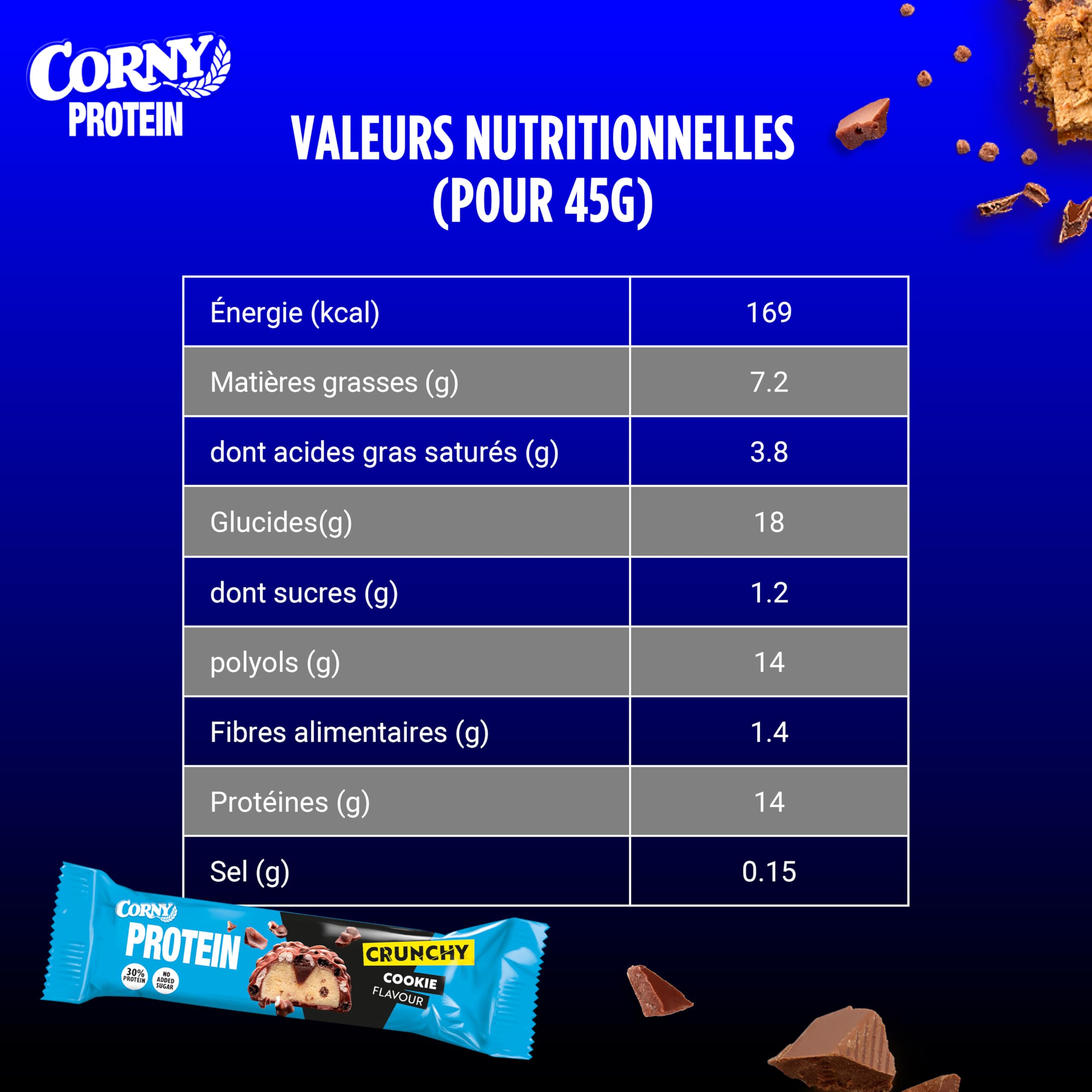 Corny Protein Barres Chocolat Biscuit, 0% Sucres, 13,5g Protéines, 12x45g