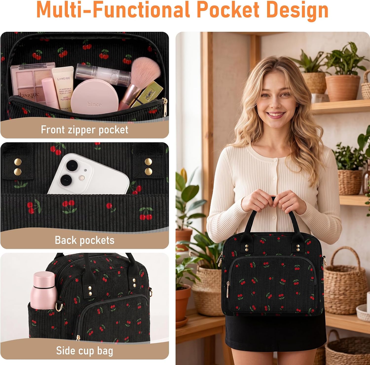 Lunch Box Bag for Women, Corduroy Cute Adult Women Insulated Lunch Bags Large Capacity Reusable Leakproof Cooler Lunch Tote Bag with Shoulder Strap for Work Travel Picnic (Black Cherry) image 4
