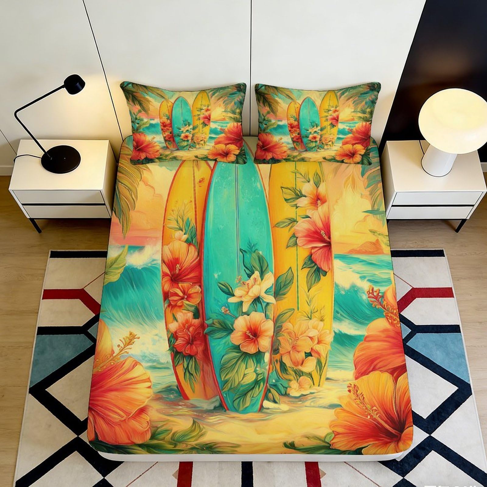 Jqzkxnhpbr Style-10 3D Printed Surfboard Tropical Beach Fitted Sheet Microfiber Soft Anti-Slip Bedroom Bed Cover Decor 90X200x25cm