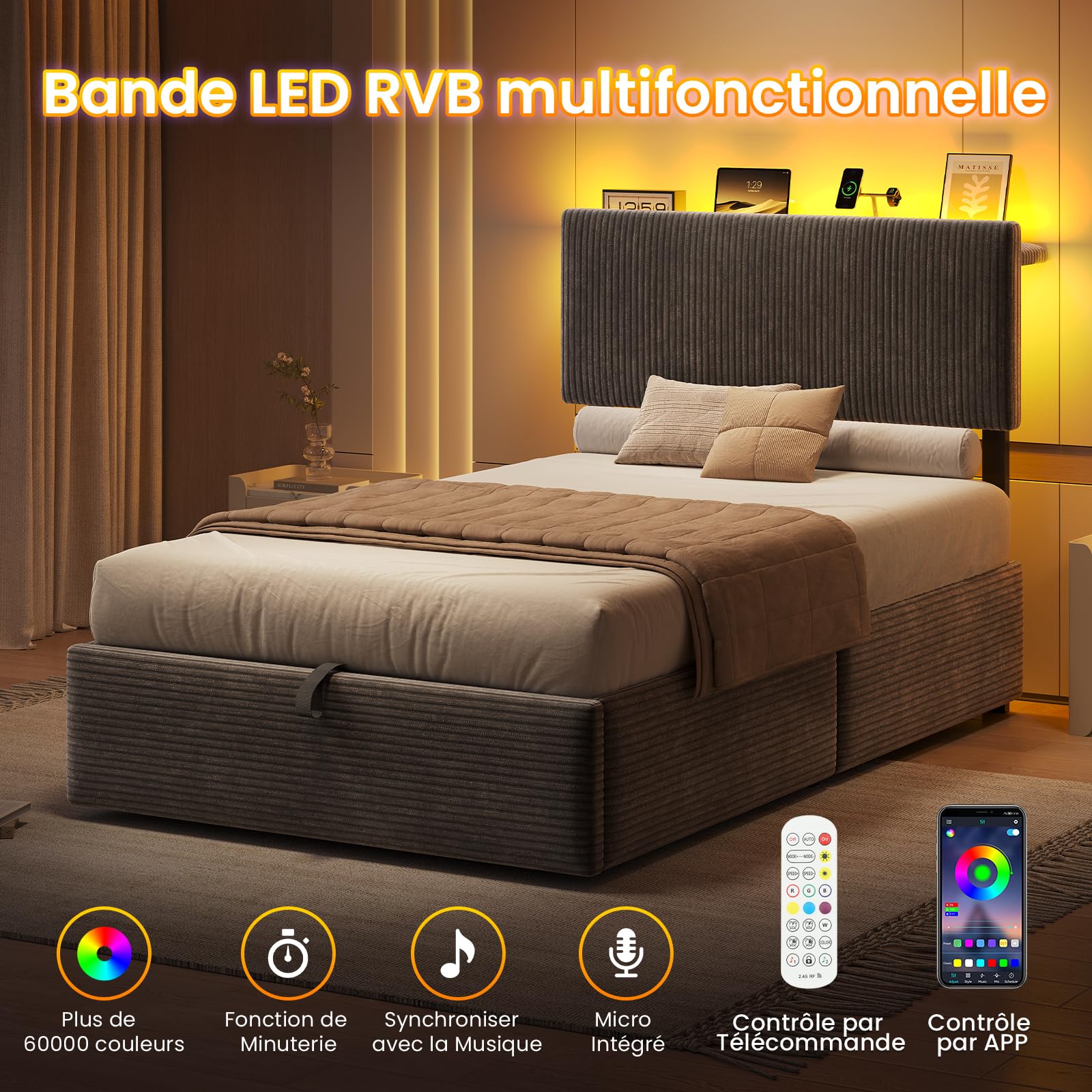 KIMENICH Lit Coffre 90X190 cm, Lit avec Rangement & Hydraulique,Lit Coffre avec tête de lit Réglable en Hauteur,Lits Coffre avec éclairage LED & Station de Recharge,Velours rayé,Gris