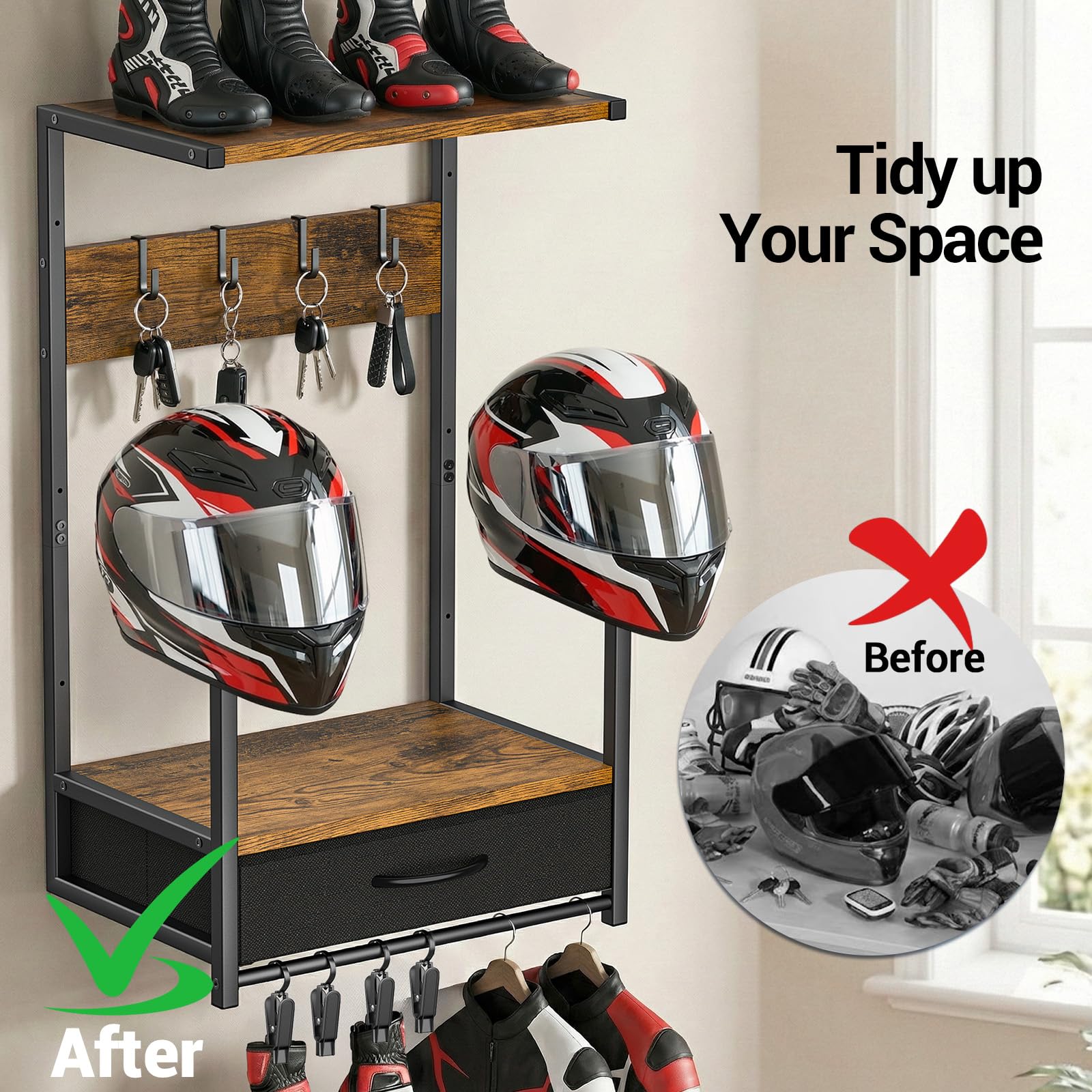 Housolution Support mural pour Casque de Moto avec Tiroir en Tissu, 4 Emplacements Gants & 4 Crochets pour Combinaisons & Accessoires – Stand pour Vélos, Baseballs et Casques de Rugby