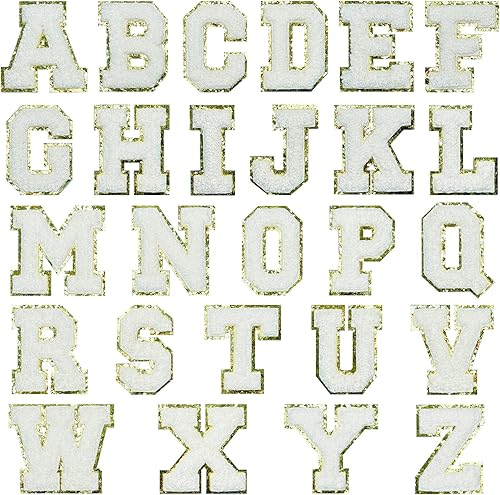 Jongdari Parches de letras de felpilla autoadhesivas, letras termo-adhesivas para ropa, 26 piezas de letras deportivas mullidas con brillantina para