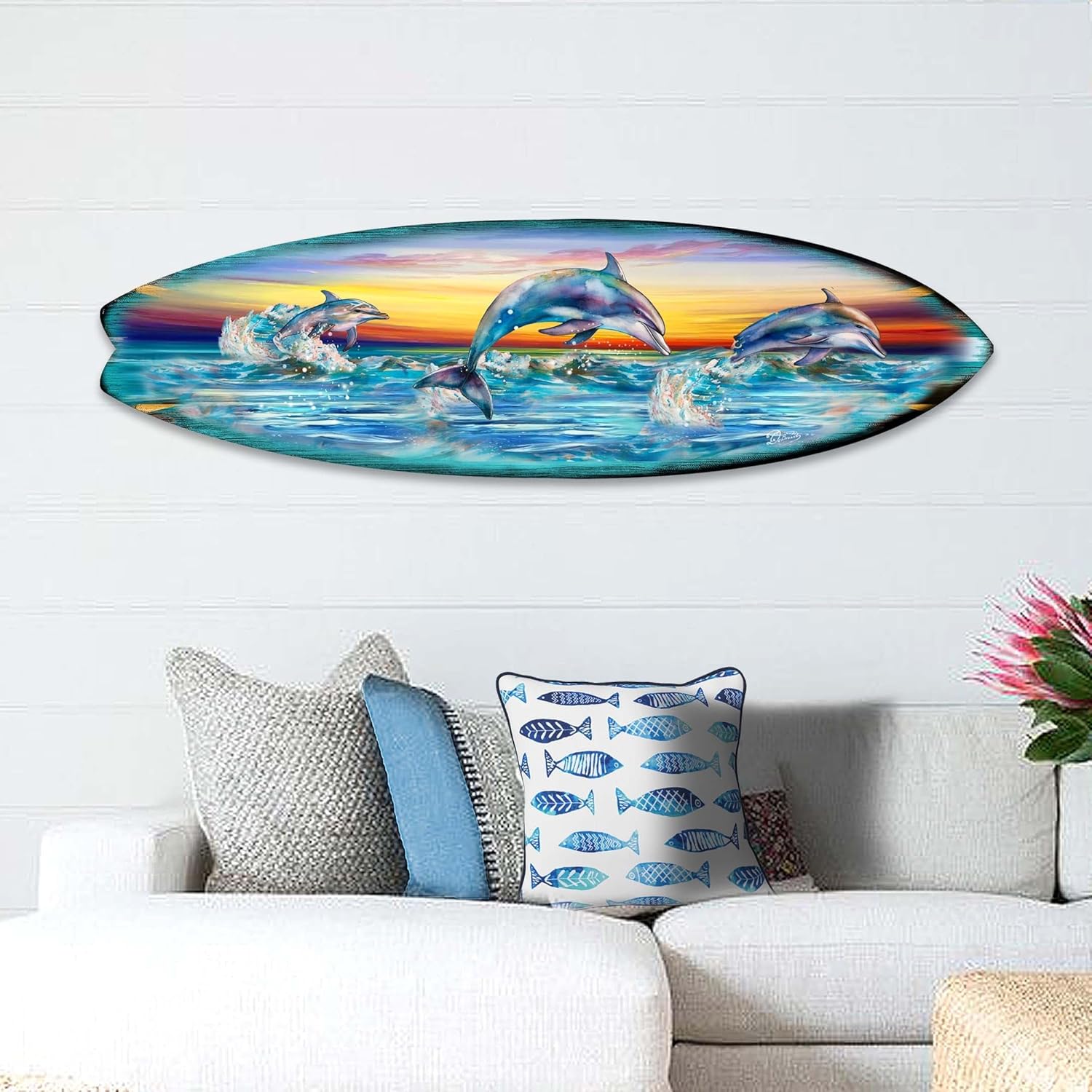 48-inch Dolphin's Dance Surfboard Wall Art, Handcrafted Coastal Holiday Décor by G. Debrekht