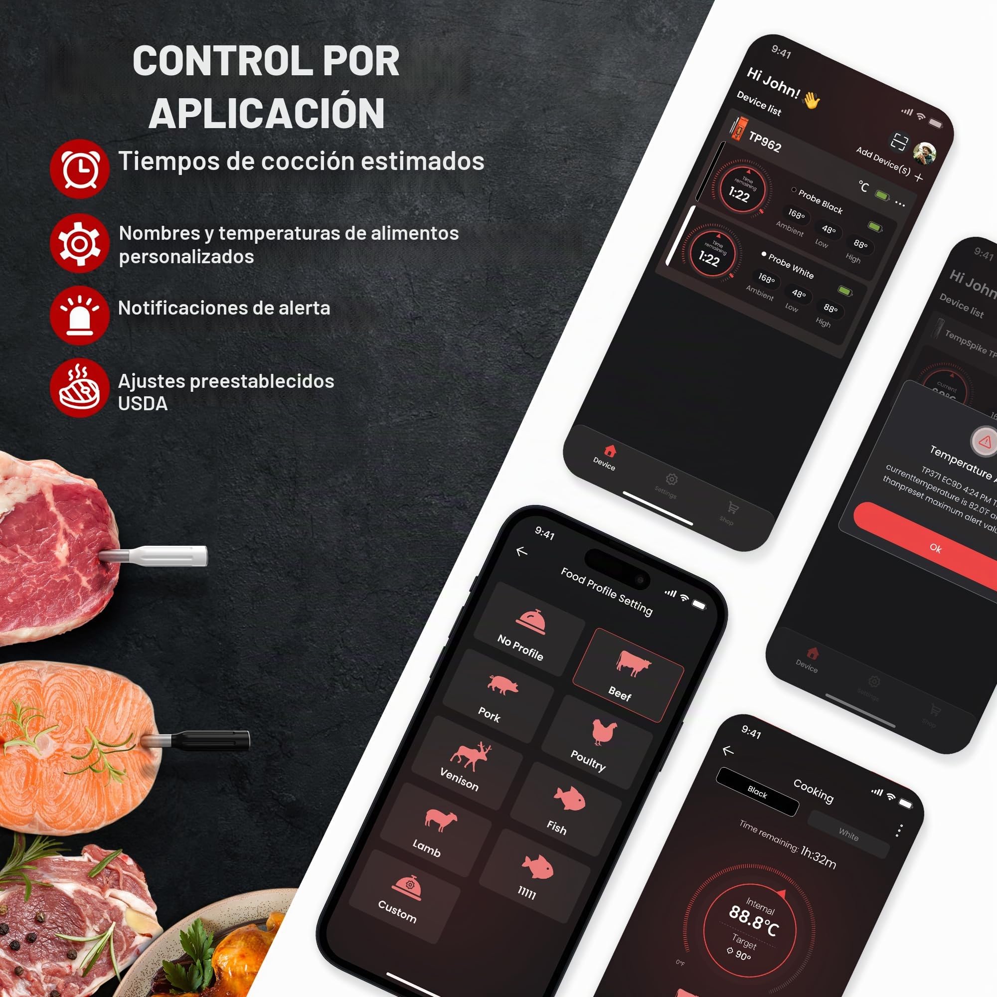ThermoPro TempPro Sonda doble Termómetro para carne verdaderamente inalámbrico de 150m, termómetro para alimentos Bluetooth con refuerzo mejorado con LCD, para freidoras, barbacoa, horno y ahumador