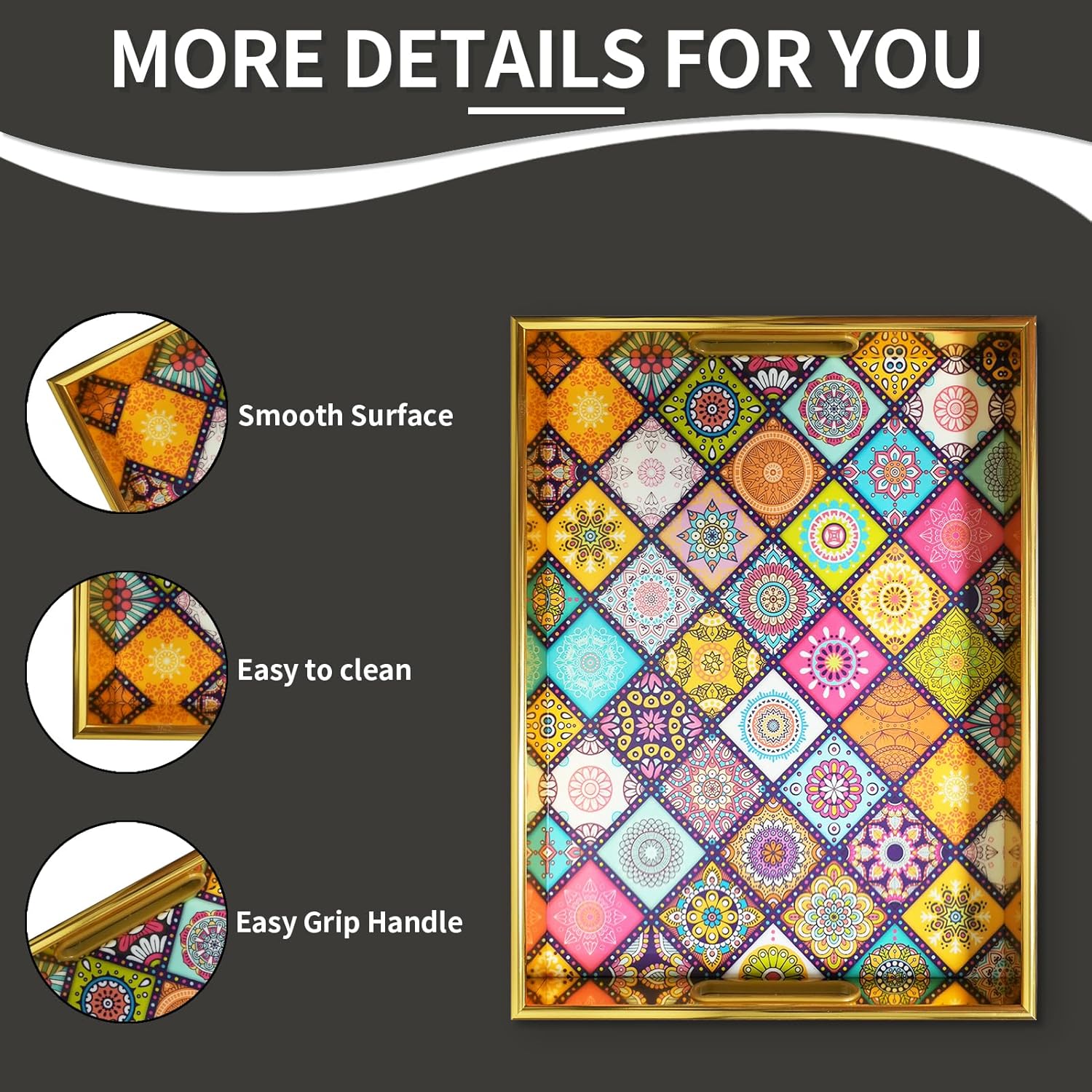 Colorful Floral Serving Tray with Handles, Plastic Decorative Tray, Rectangular Coffee Table Tray for Ottoman, Storage Trays for Bathroom, Living Room Decor - Image 3