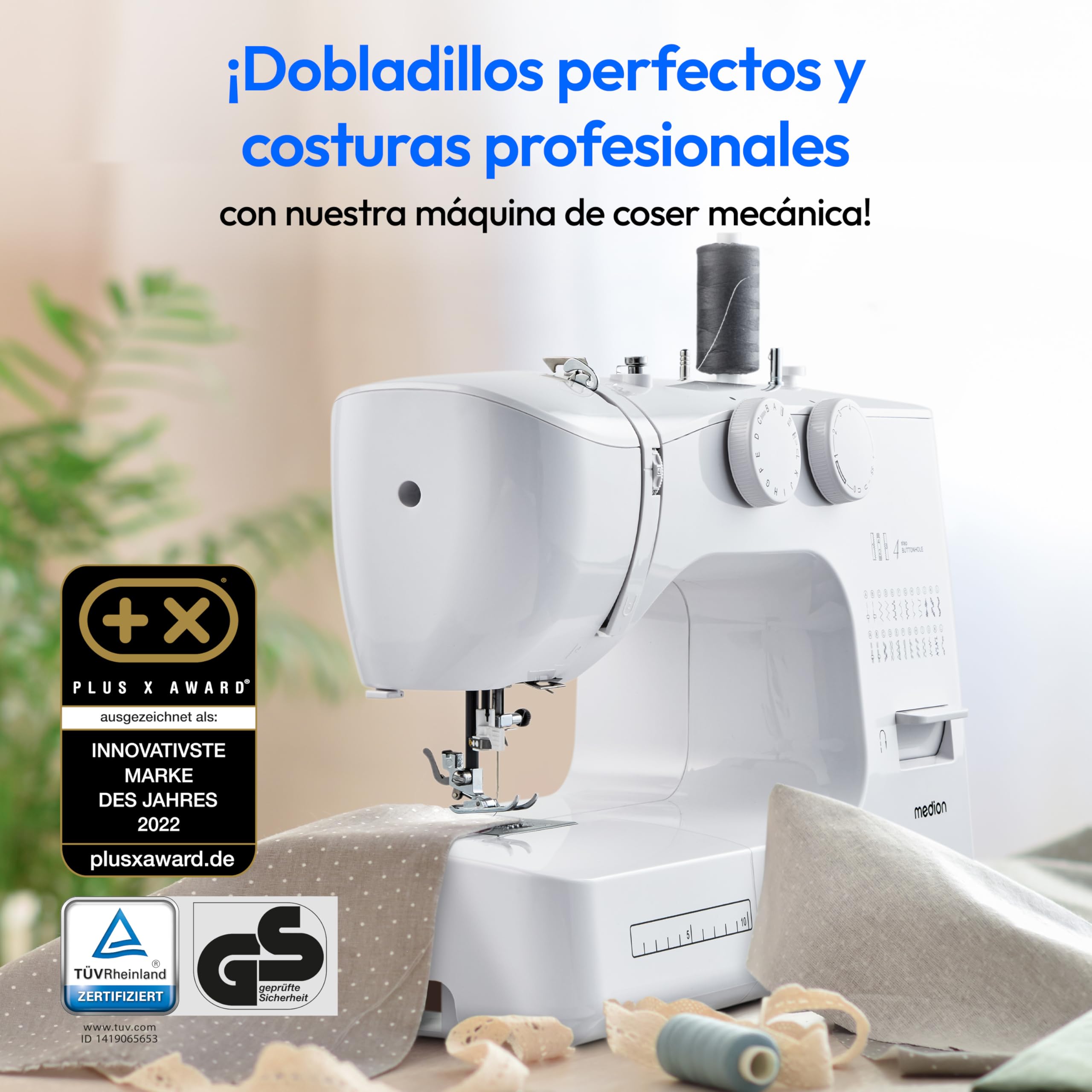 MEDION máquina de coser de brazo libre SM60 (60 vatios, 60 puntadas diferentes con ojales, luz de costura LED, enhebrador automático, botón de marcha atrás, cortador de hilo, MD10689) blanca