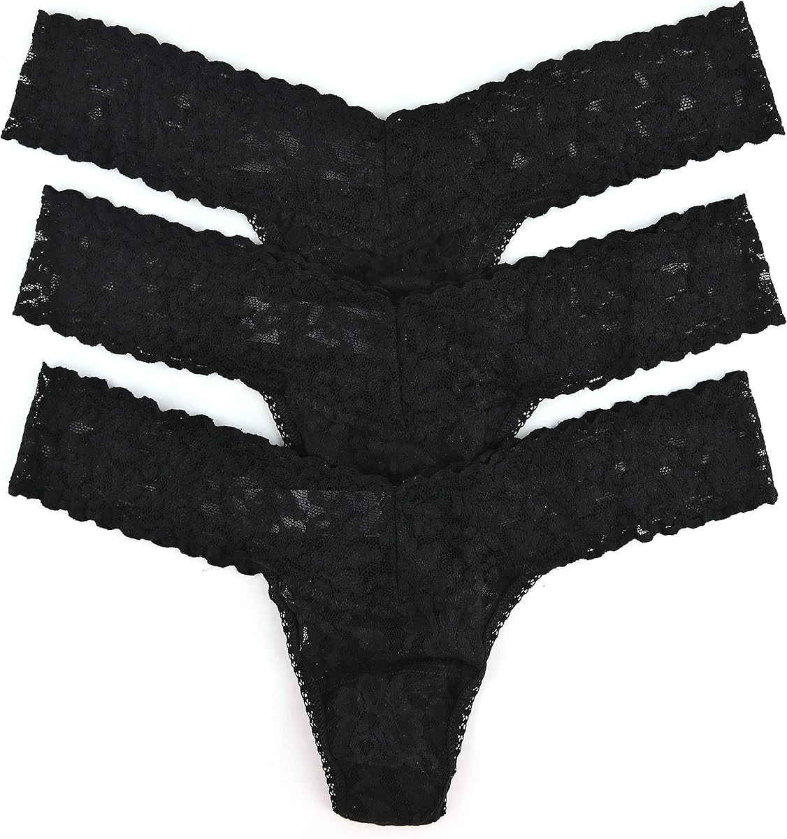 Signature Lace Thongs Low Rise, No VPL, 3 Pack, One Size 2-12 | Soft nylon stretch lace, lace thong, lace thongs for women, low rise thong, cotton-lined gusset, breathable, Black