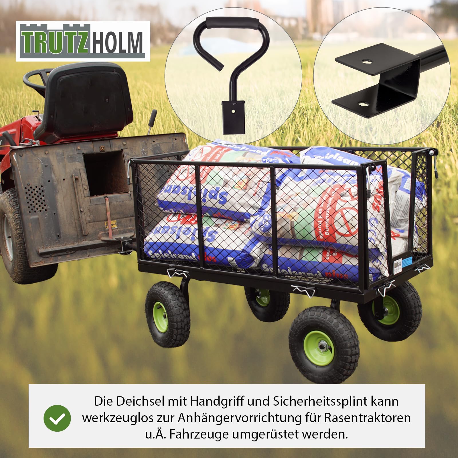 TRUTZHOLM Bollerwagen herausnehmbare Plane bis 550kg belastbar Handwagen Gitterwagen Gartenwagen Transportwagen | mit Rasentraktorkupplung an der Deichsel oder Handgriff gepolstert