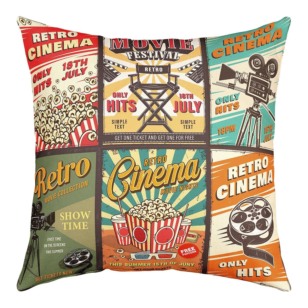 Homemissing Multicolored 13 Movie Night Reversible Throw Pillow Covers 16"X16" Movie Theater Decor Pillow Covers Home Decor For Kids Adults Vintage Cinema Square Cushion Covers Set Of 1 Home Theater