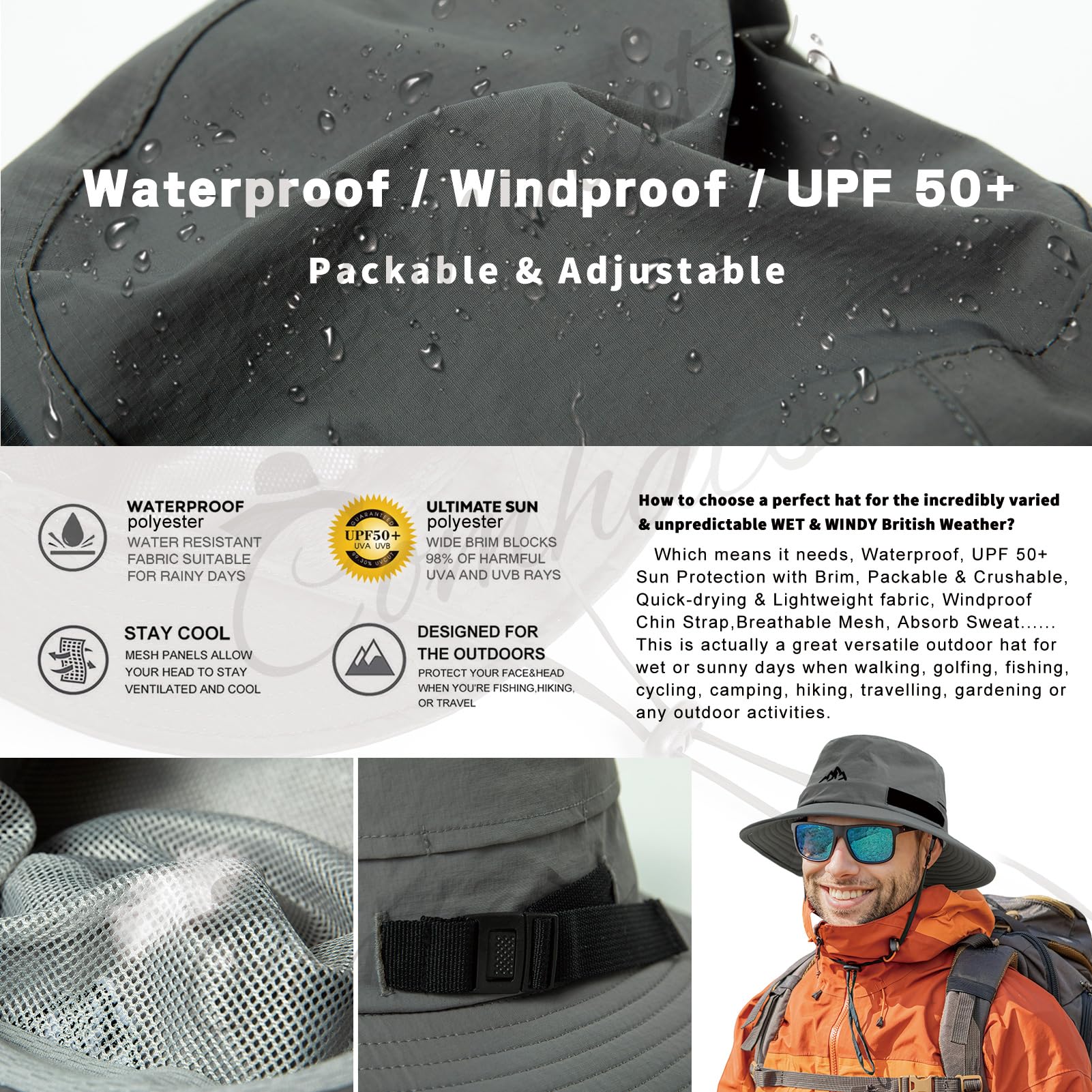 Comhats Wodoodporne czapki przeciwdeszczowe typu bucket dla mężczyzn i kobiet, czapka outdoorowa na każdą pogodę, do chodzenia, golfa, safari, wędkowania, wędrówek, regulowana, pakowalna,