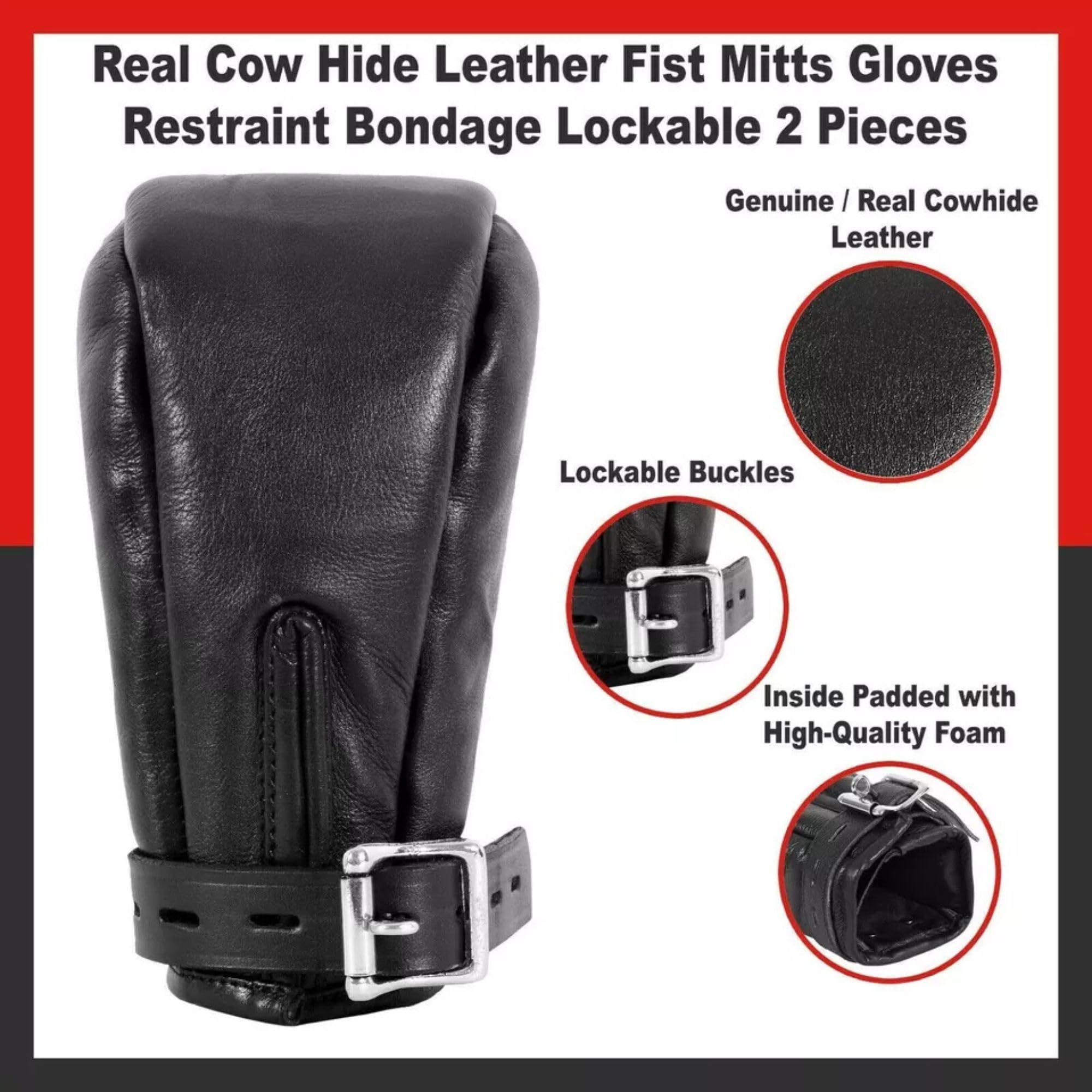 Generico Guanti Padded in Vera Pelle Nera Polsini Restraint Mitt Slave Erotici con Anello D Bloccabile per Adulti BDSM Hand Wraps Regolabili Fetish Adulto per Donne