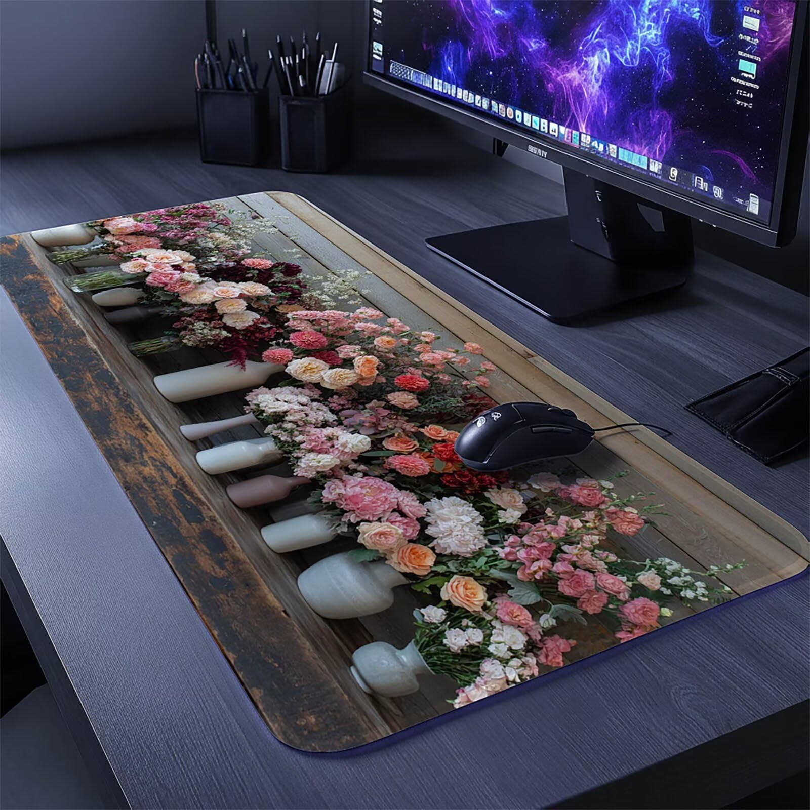 Podkładka pod mysz, wazon, podkładka pod mysz, XXL, 600 x 1400 x 3 mm, szyte krawędzie, poprawia dokładność i prędkość, podkładka na biurko do biura, akcesoria gamingowe, prezent dla mężczyzn DBYH