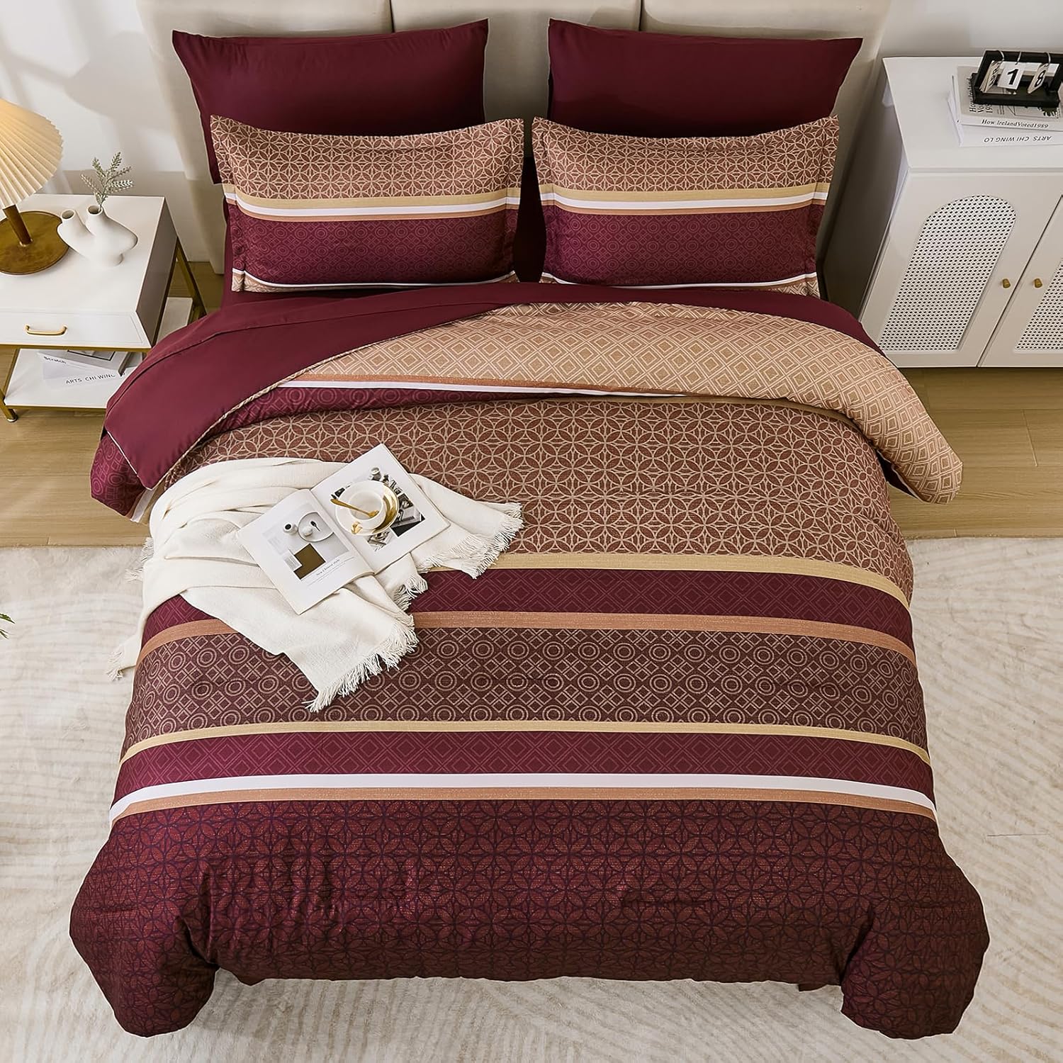 WONGS BEDDING Burgundy Comforter Set King Size,7 Pieces Maroon Striped Bed in a Bag Comforter and Sheet Set,Patchwork Soft Lightweight Micorfiber Bedding Set for All Seaon (90"×104") - Image 4